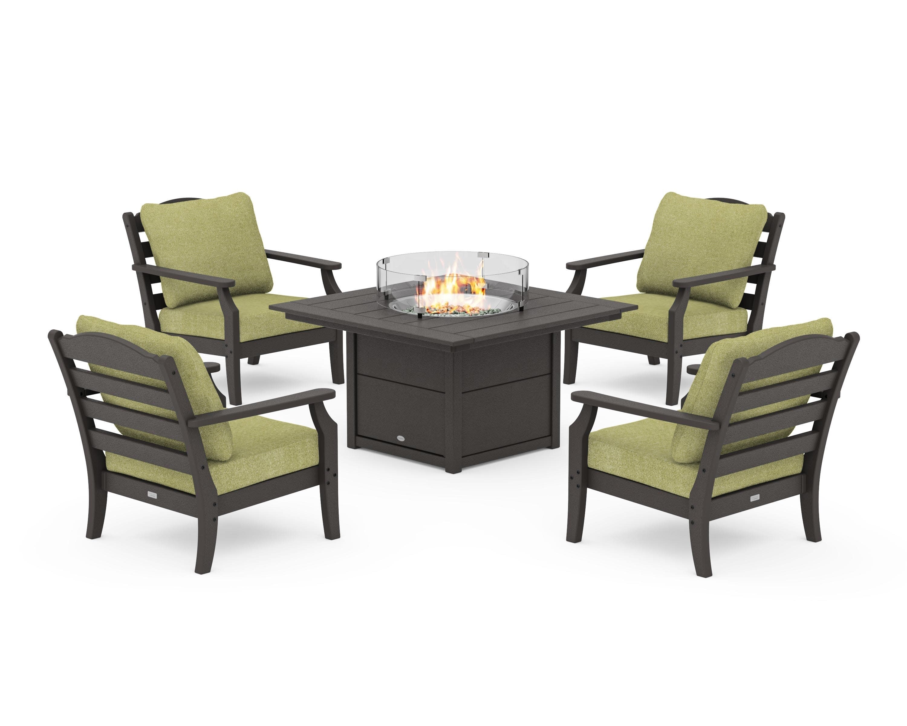Savannah 5-Piece Deep Seating Set with Fire Pit Table in Vintage Coffee / Chartreuse Boucle