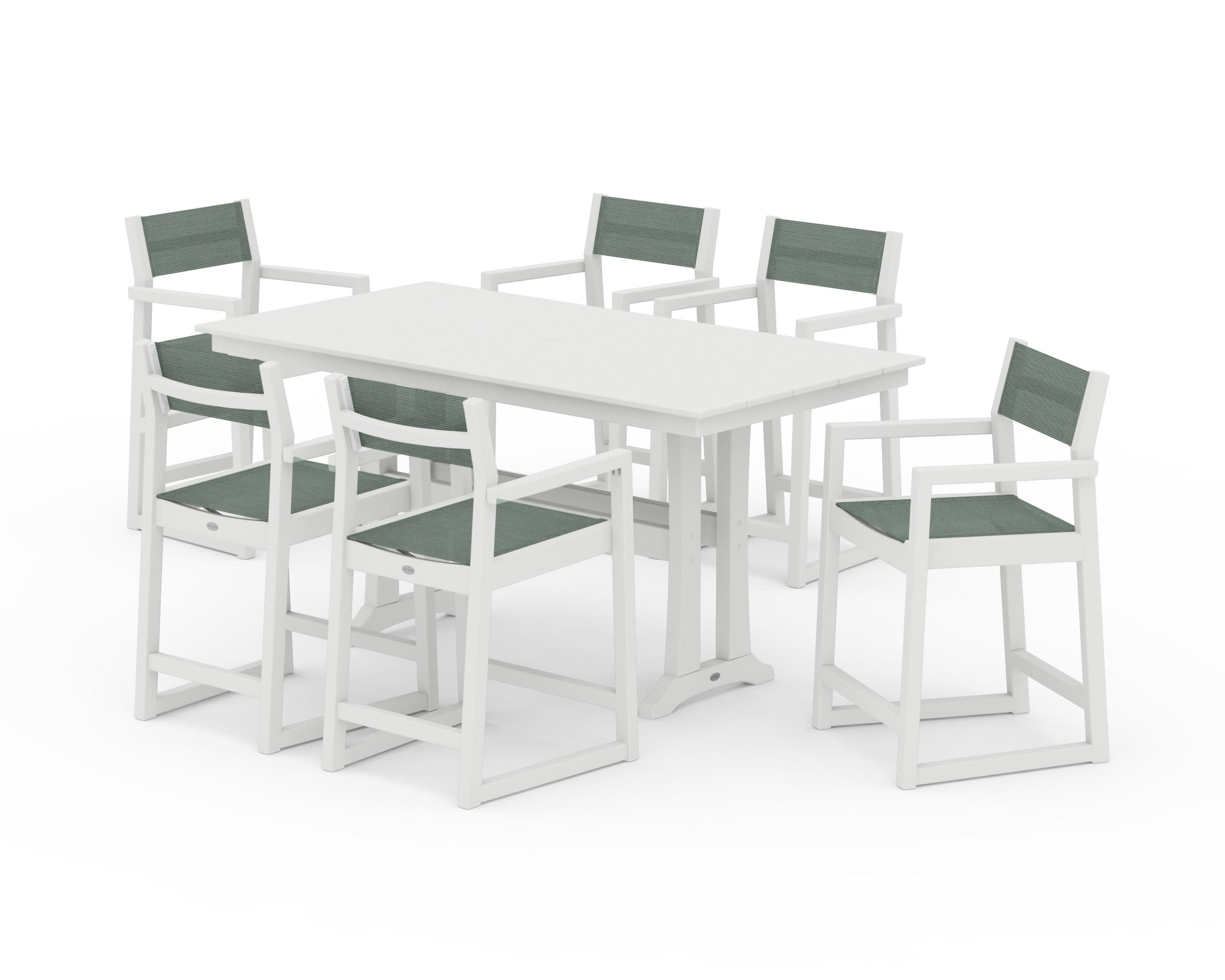 EDGE Sling Arm Chair 7-Piece Farmhouse Counter Set with Trestle Legs in Vintage White / Dupioni Sea Mist Sling