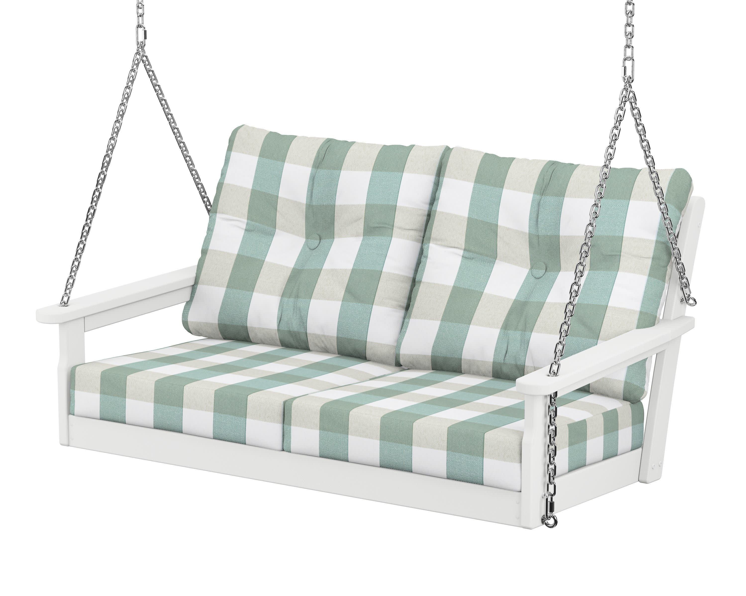 Vineyard Deep Seating Swing in White / Buffalo Plaid Glacier Spa
