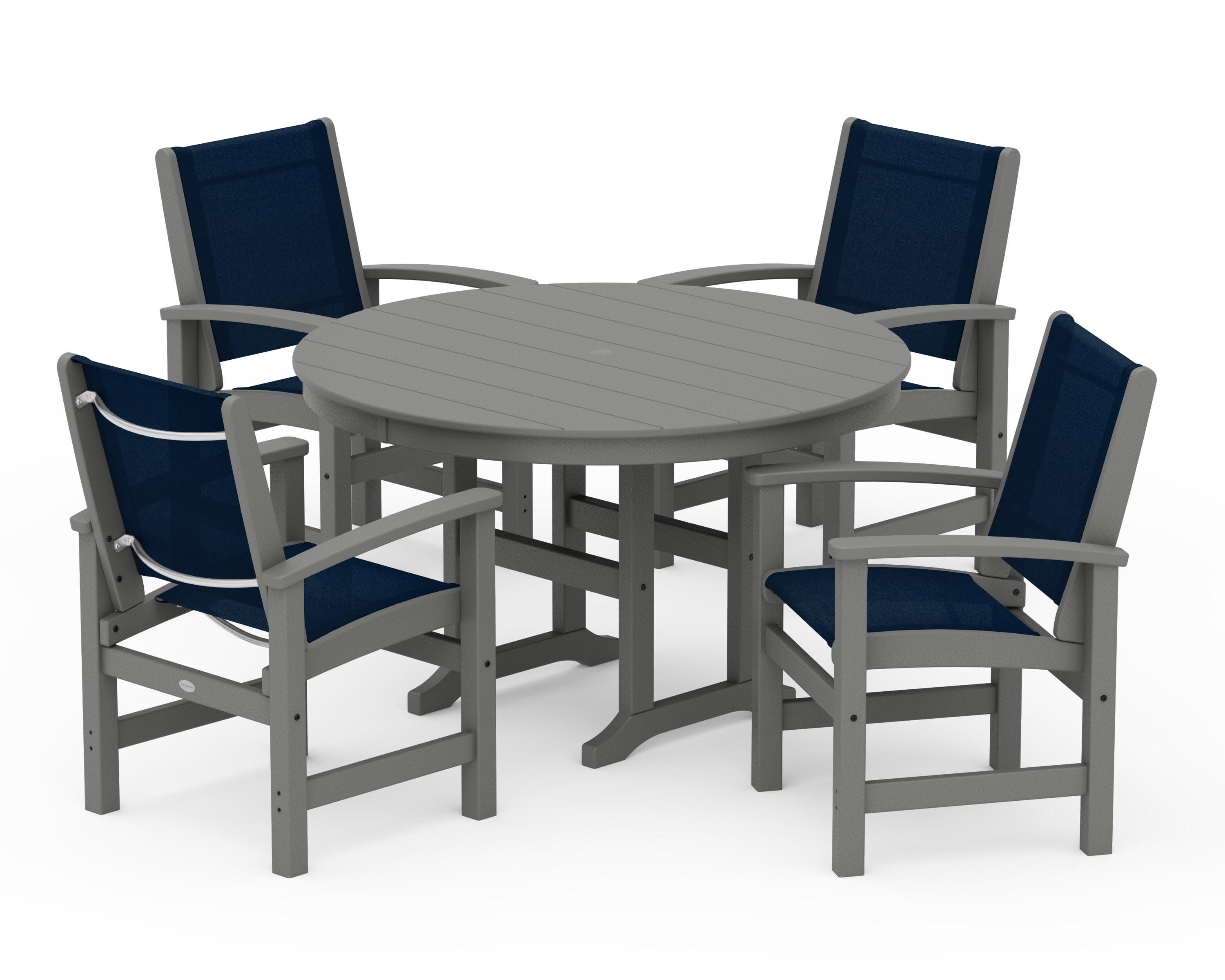 Coastal 5-Piece Round Farmhouse Dining Set in Slate Grey / Navy Blue Sling
