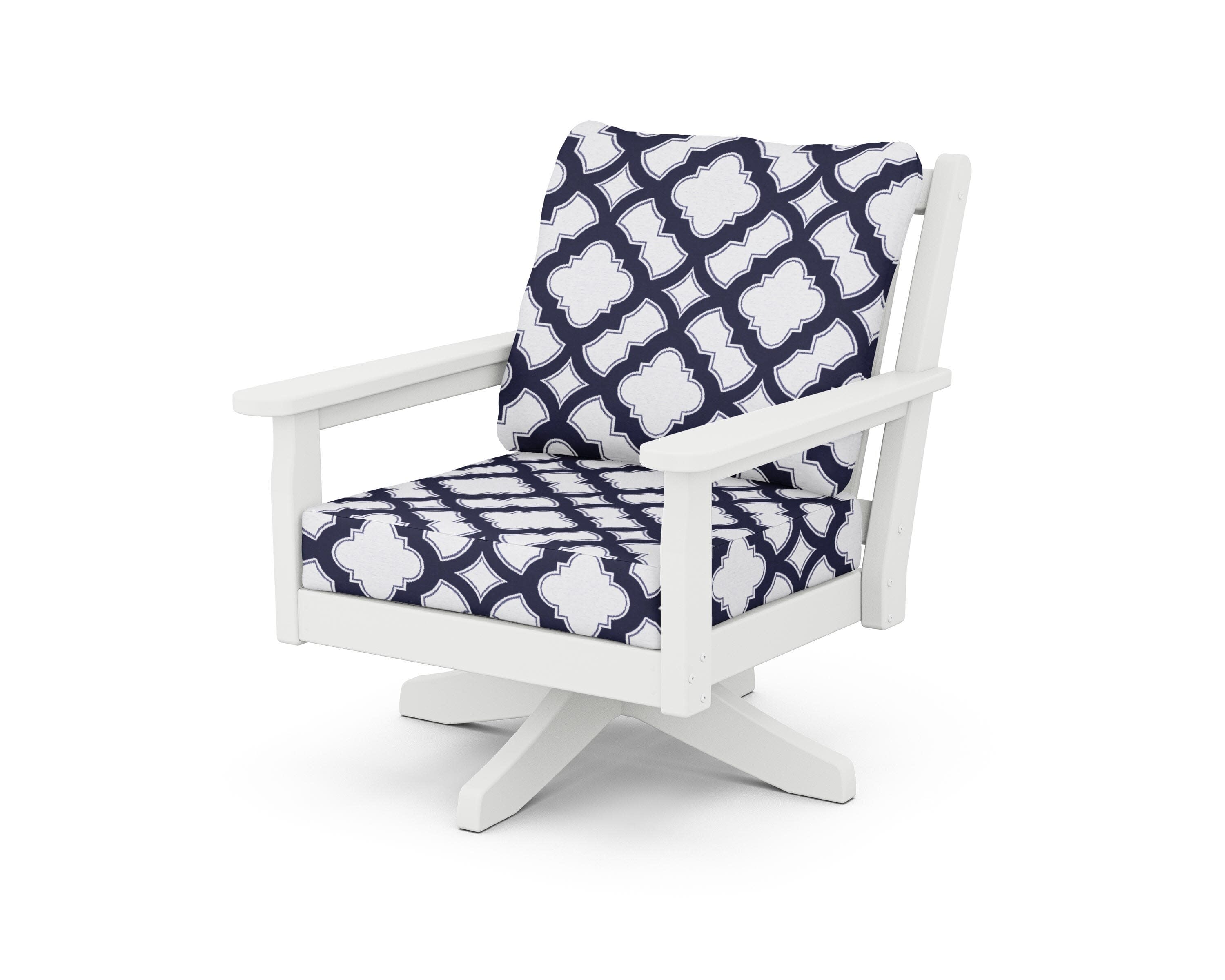 Chippendale Deep Seating Swivel Chair in White / Trellis Navy