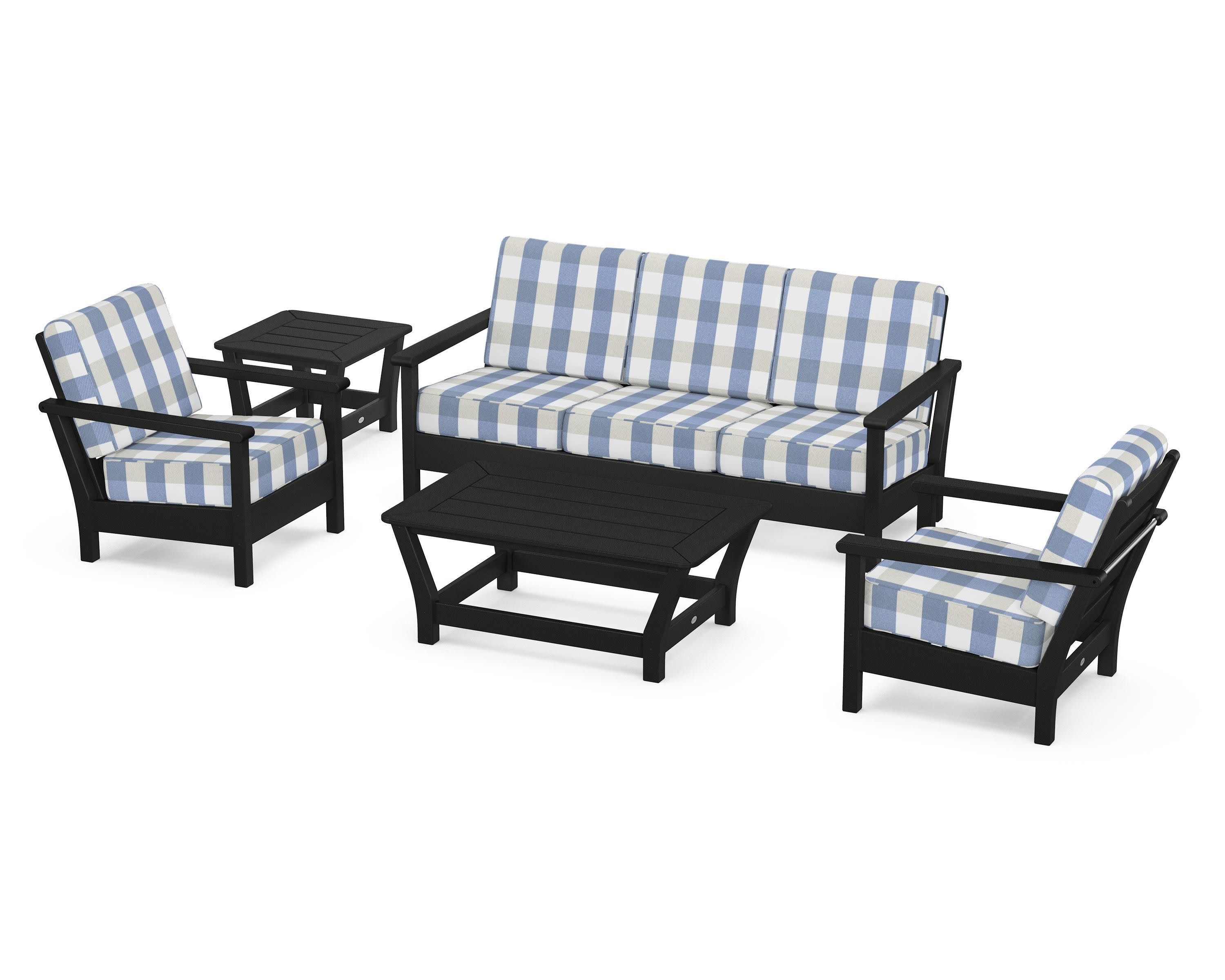 Harbour 5-Piece Deep Seating Set in Black / Buffalo Plaid Sky Blue