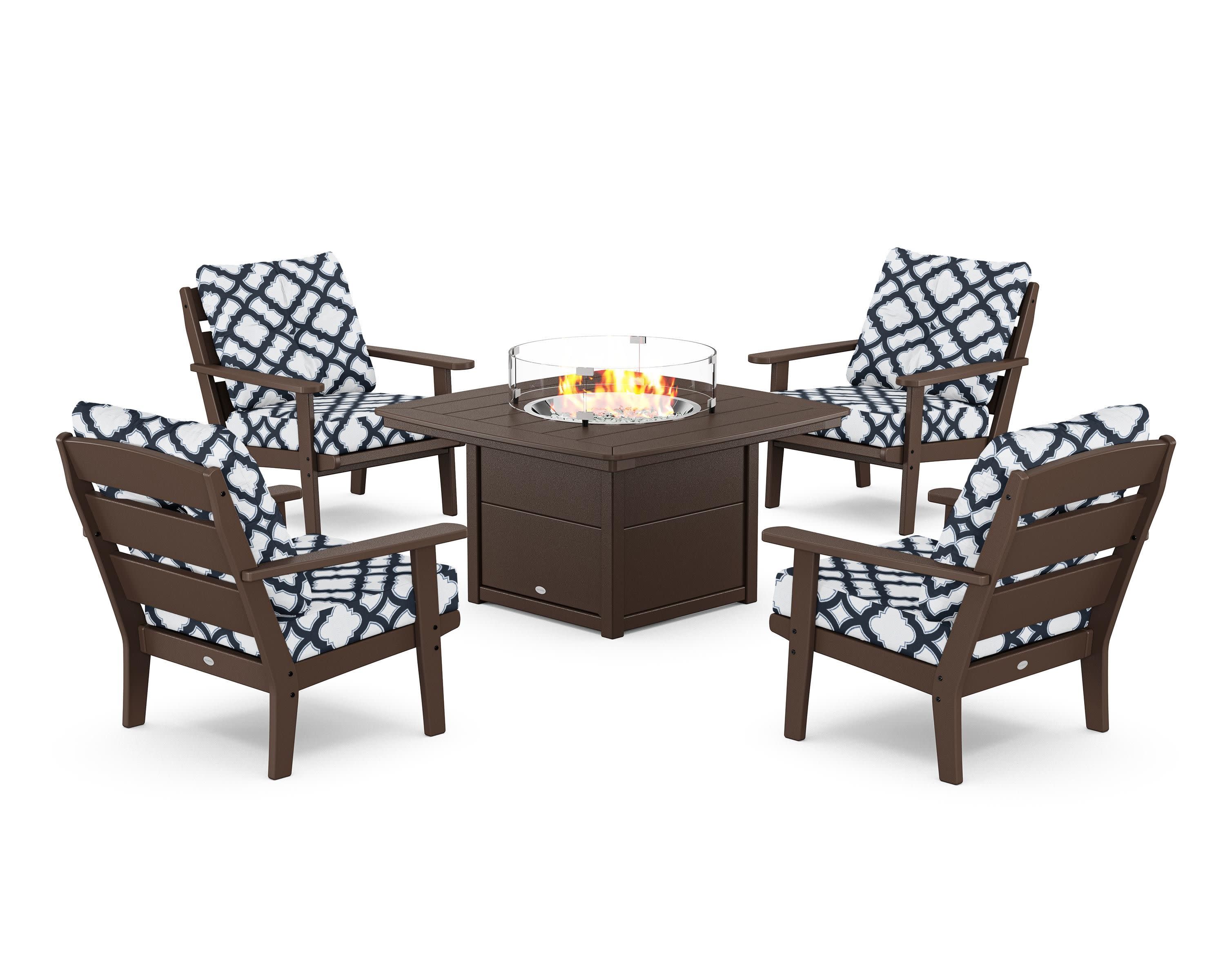 Lakeside 5-Piece Deep Seating Set with Nautical Fire Pit Table in Mahogany / Trellis Marine Indigo
