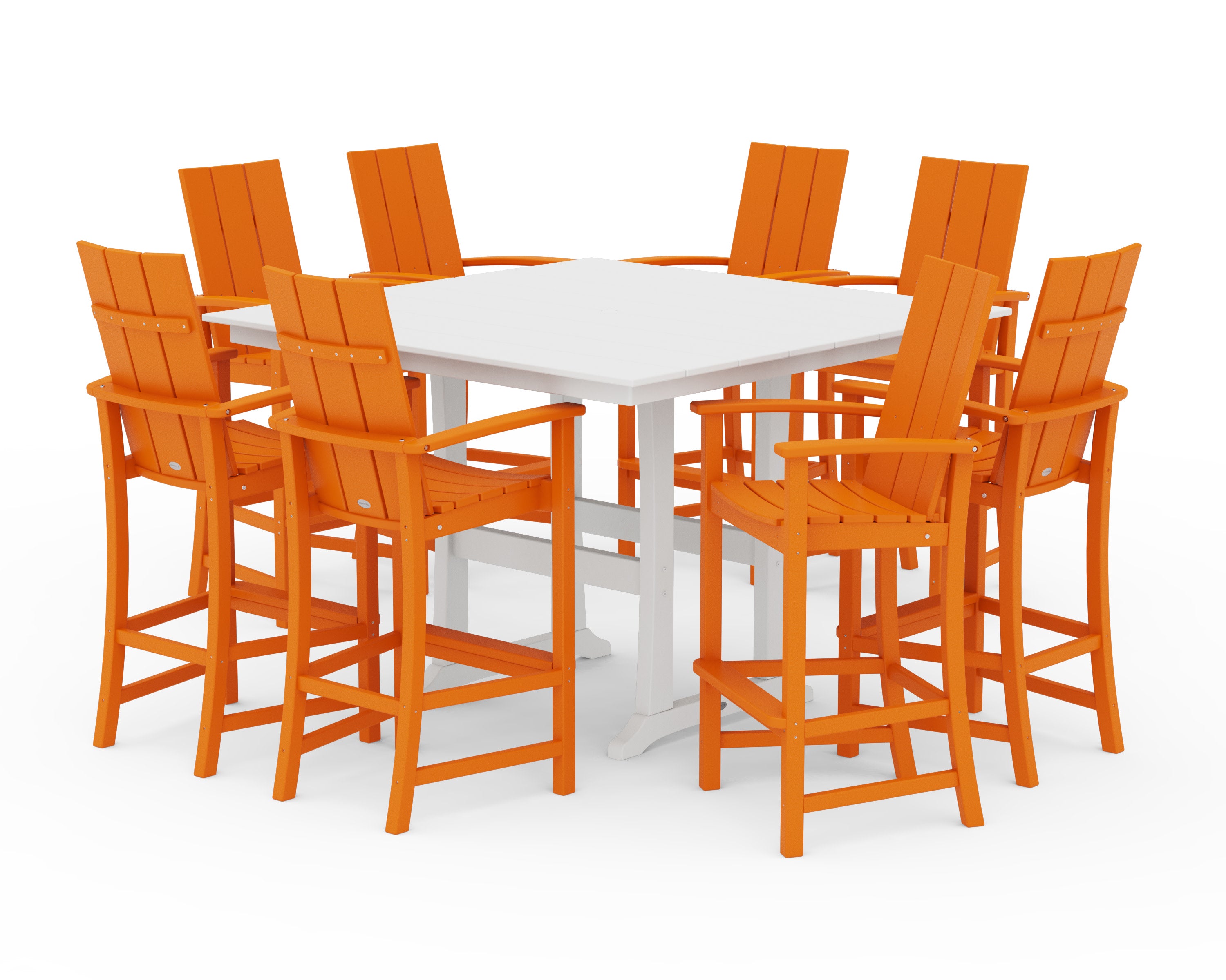 Modern Adirondack 9-Piece Farmhouse Trestle Bar Set in Tangerine / White