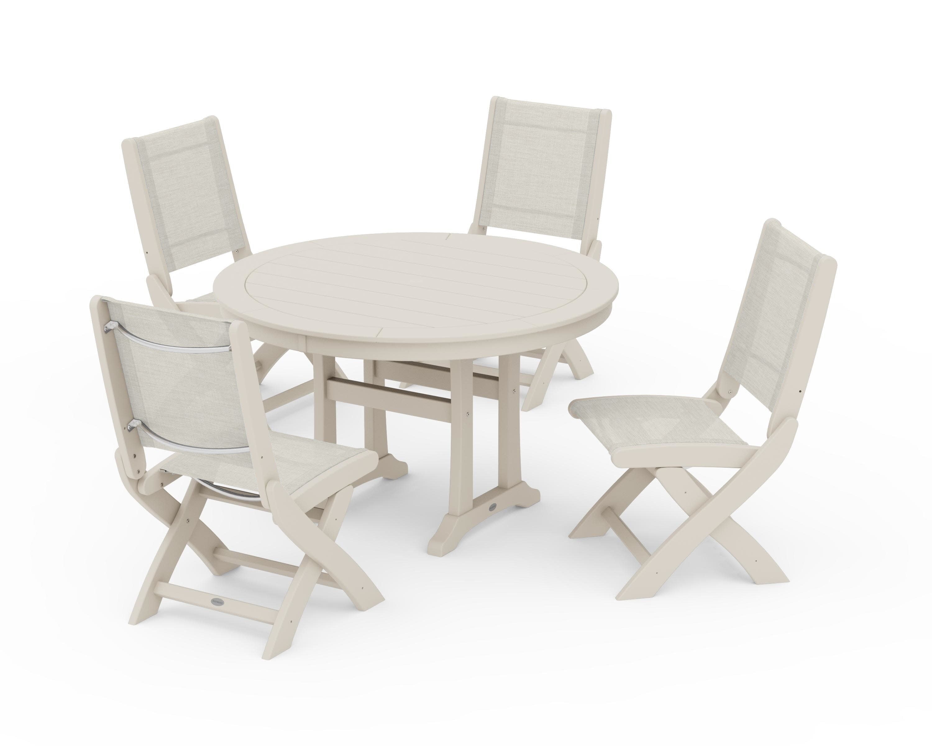 Coastal Folding Side Chair 5-Piece Round Dining Set With Trestle Legs in Sand / Parchment Sling