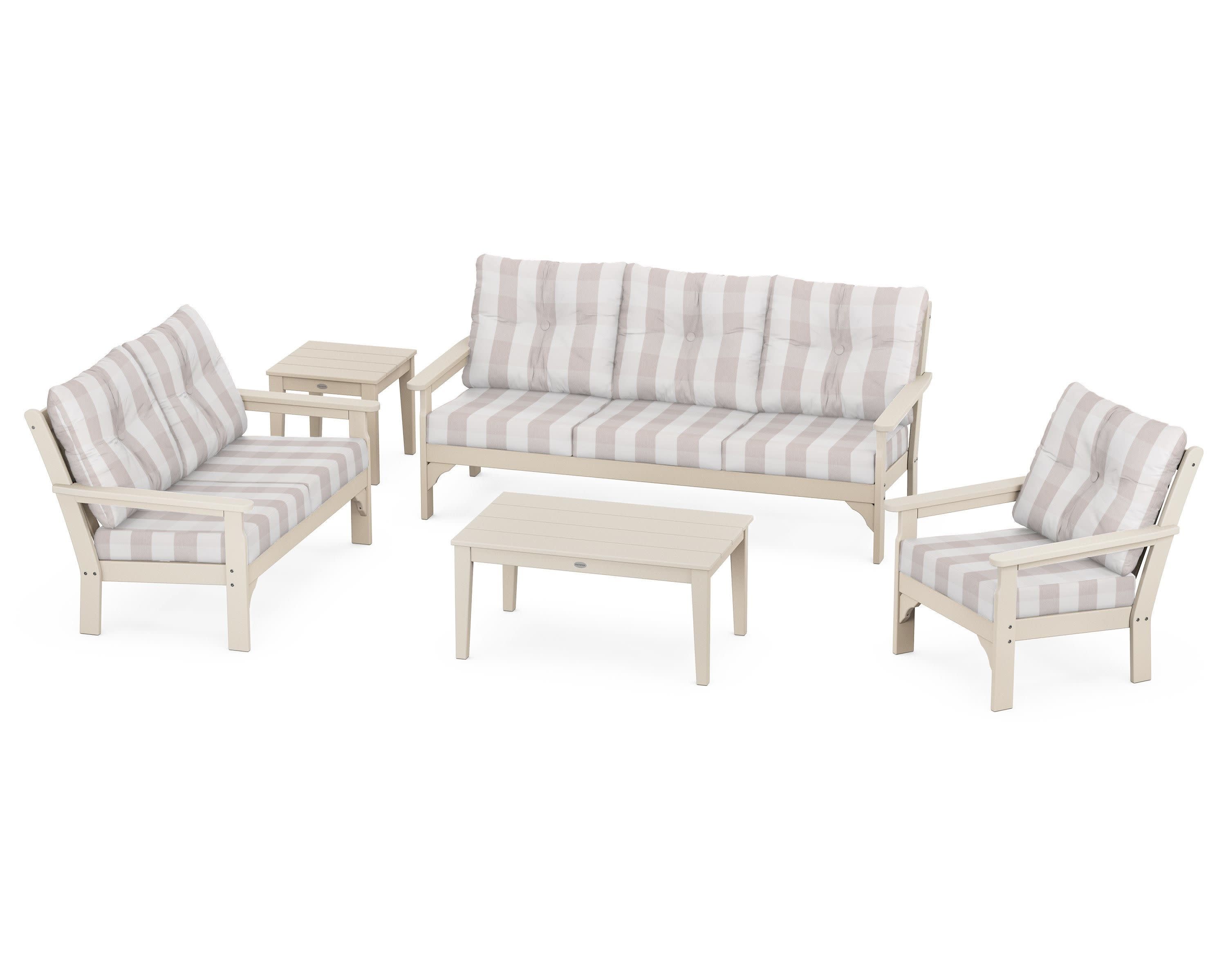 Vineyard 5 Piece Deep Seating Set in Sand / Buffalo Plaid Dune Burlap