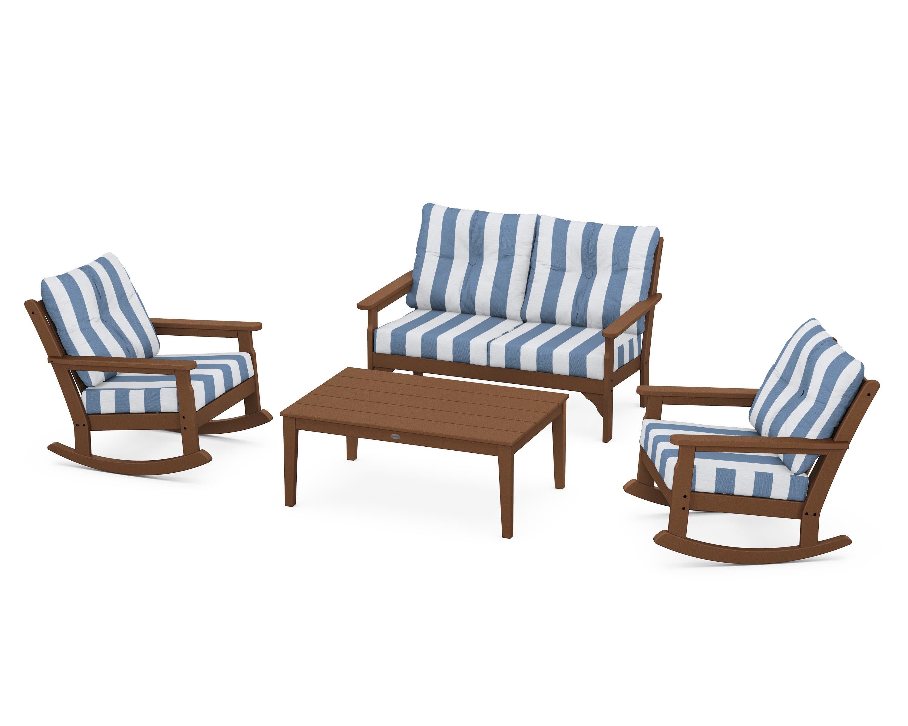 Vineyard 4-Piece Deep Seating Rocking Chair Set in Teak / Cabana Stripe Sky Blue