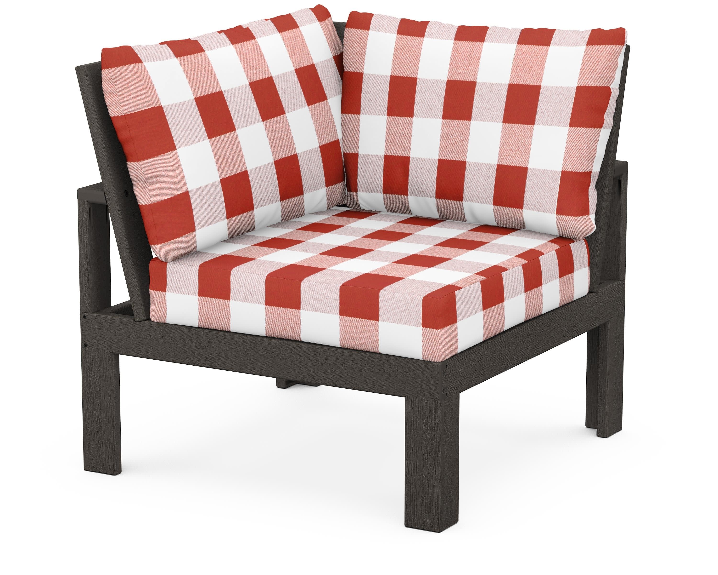 Modular Corner Chair in Vintage Coffee / Buffalo Plaid Crimson