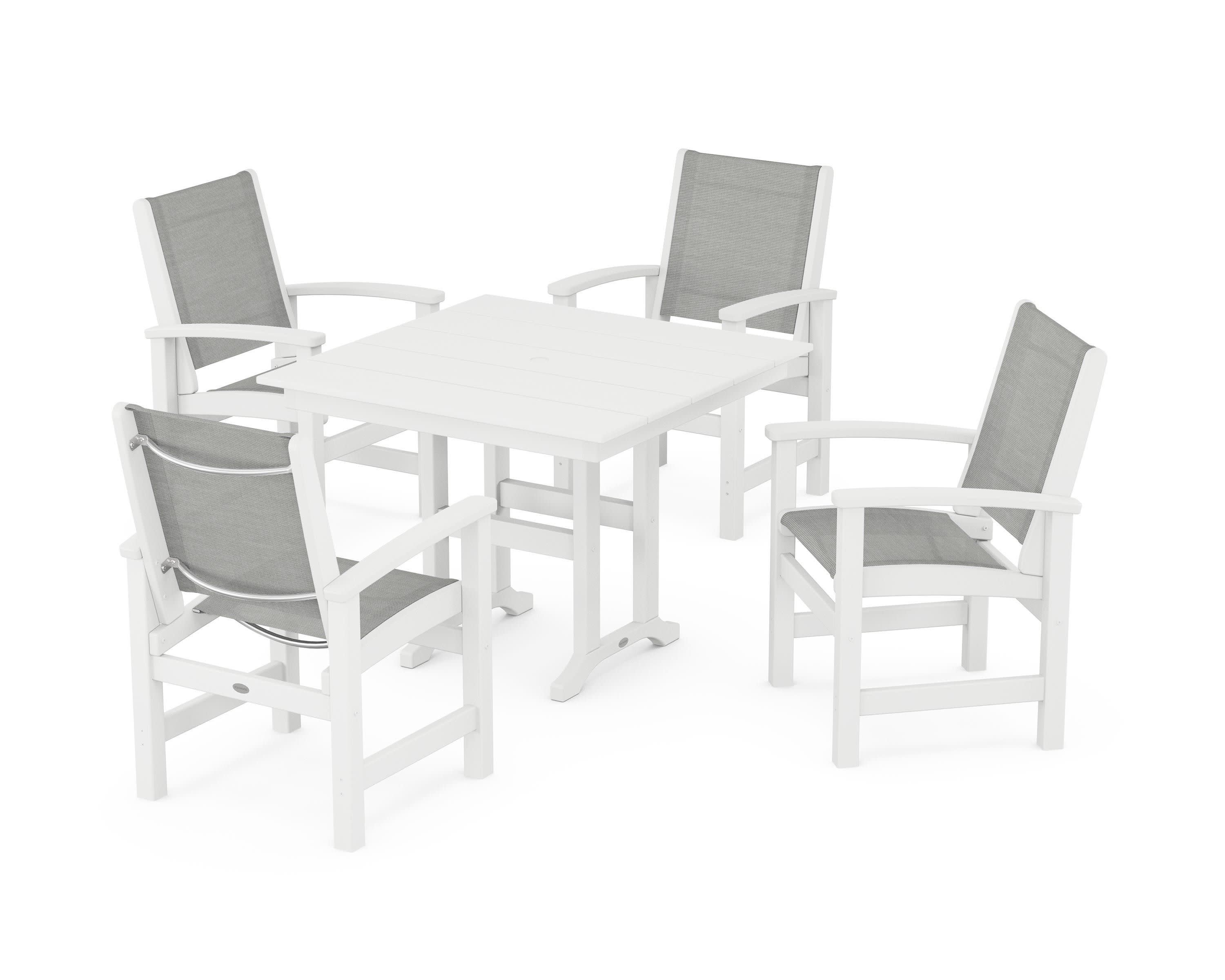 Coastal 5-Piece Farmhouse Dining Set in White / Metallic Sling