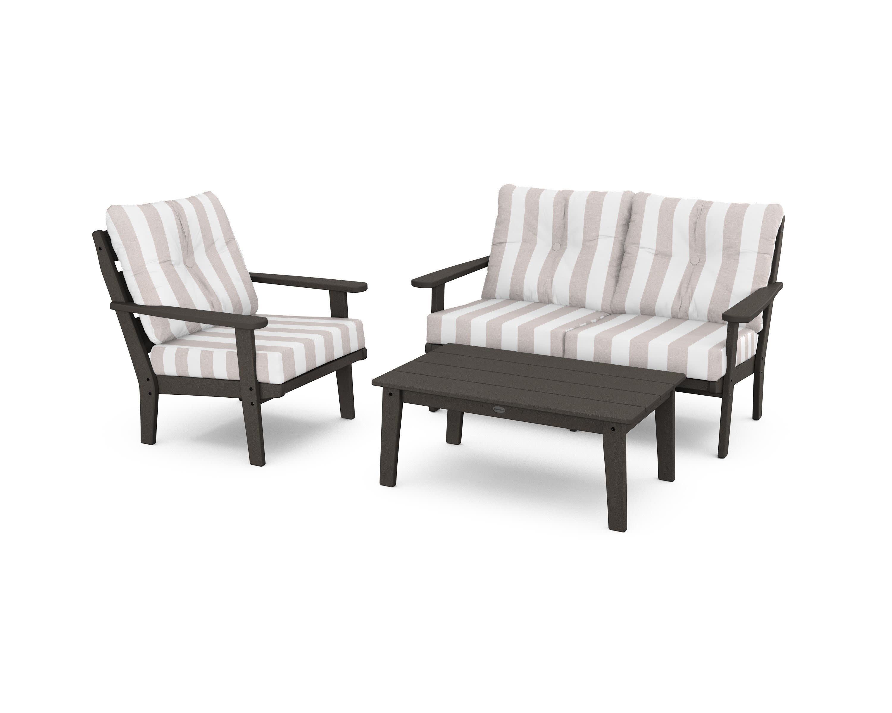 Lakeside 3-Piece Deep Seating Set in Vintage Coffee / Cabana Stripe Dune Burlap