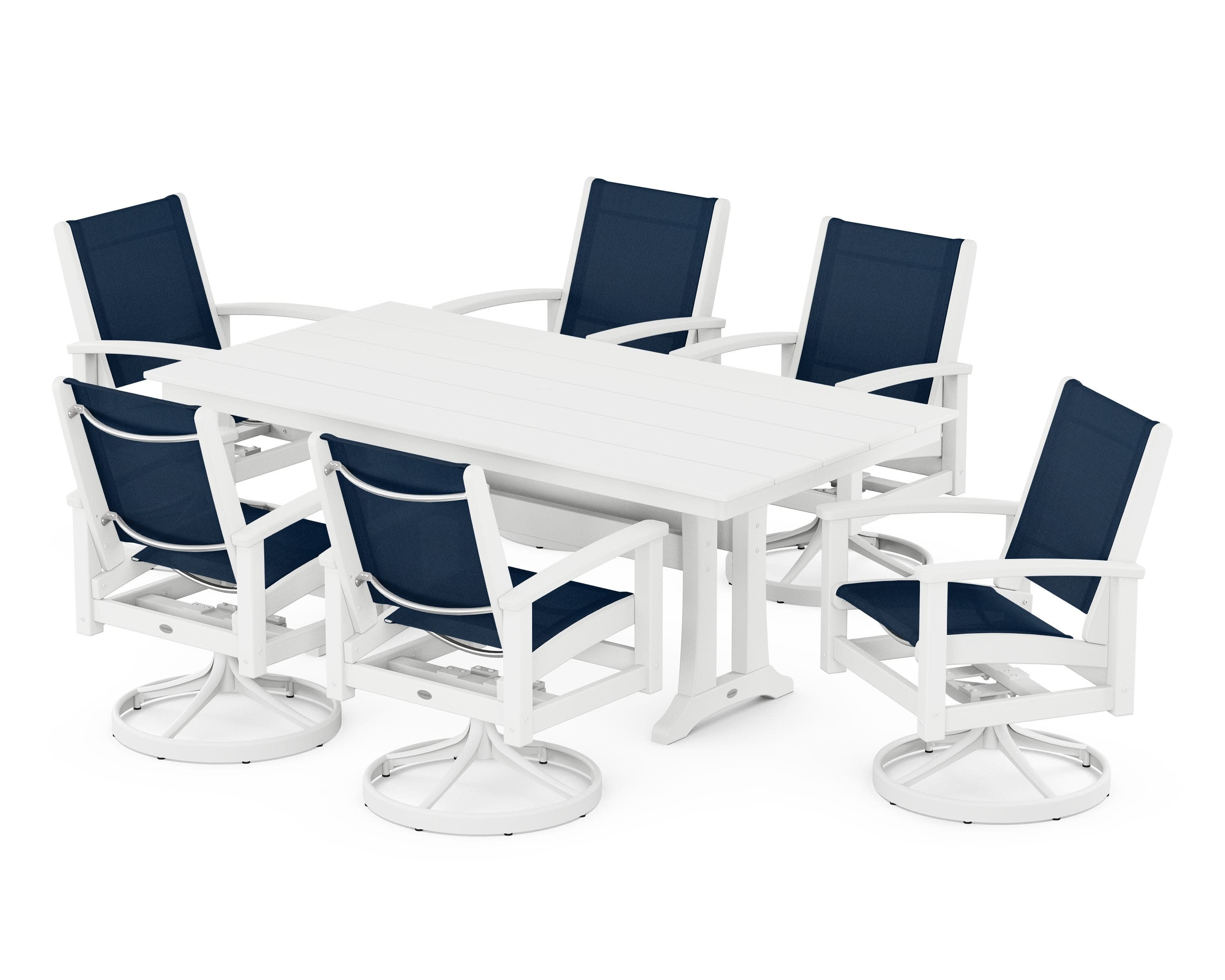 7 Piece Coastal Swivel Rocker Dining Set in Satin White / White / Navy Blue Sling