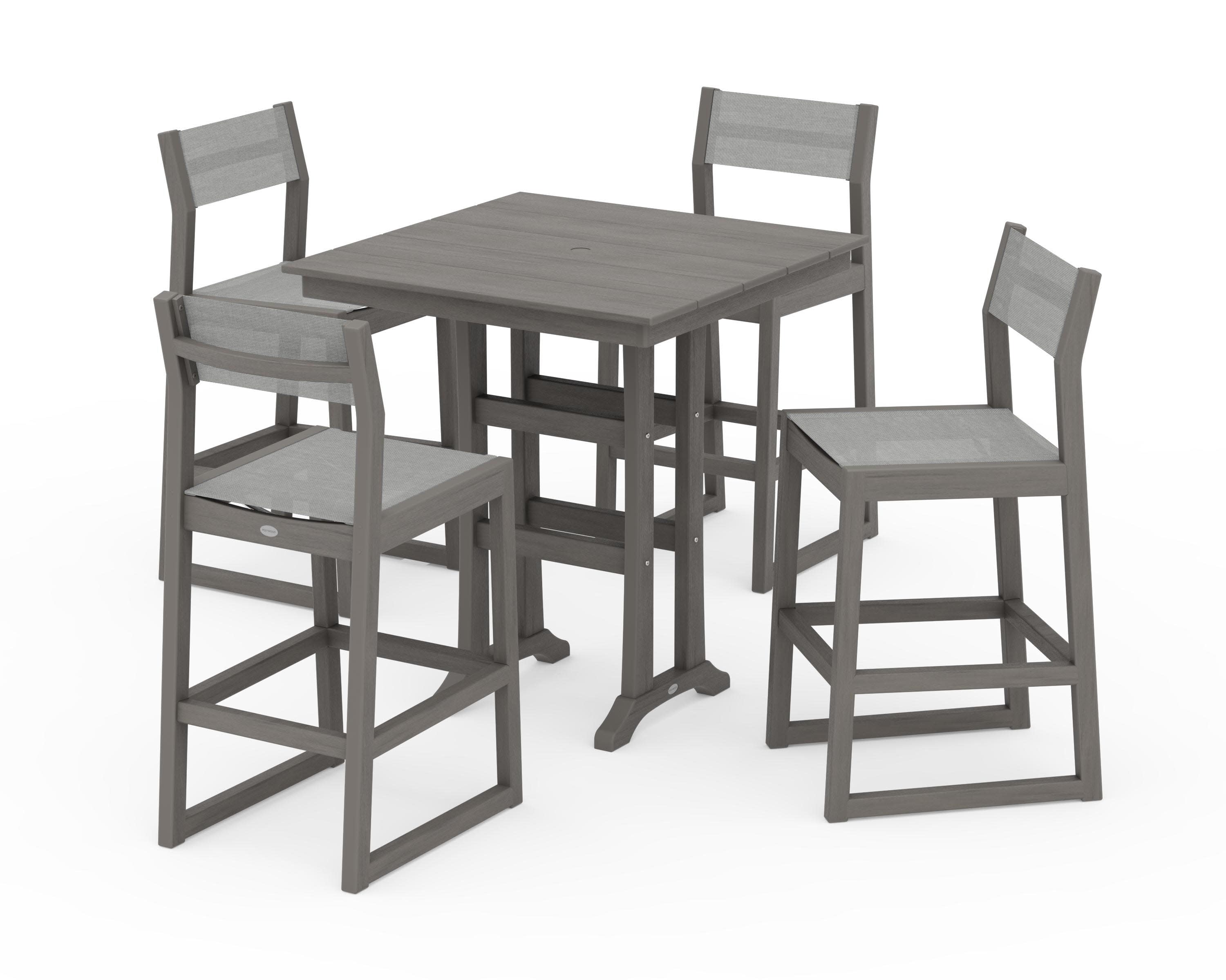 EDGE Sling Arm Chair 5-Piece Farmhouse Bar Set with Trestle Legs in Driftwood / Metallic Sling