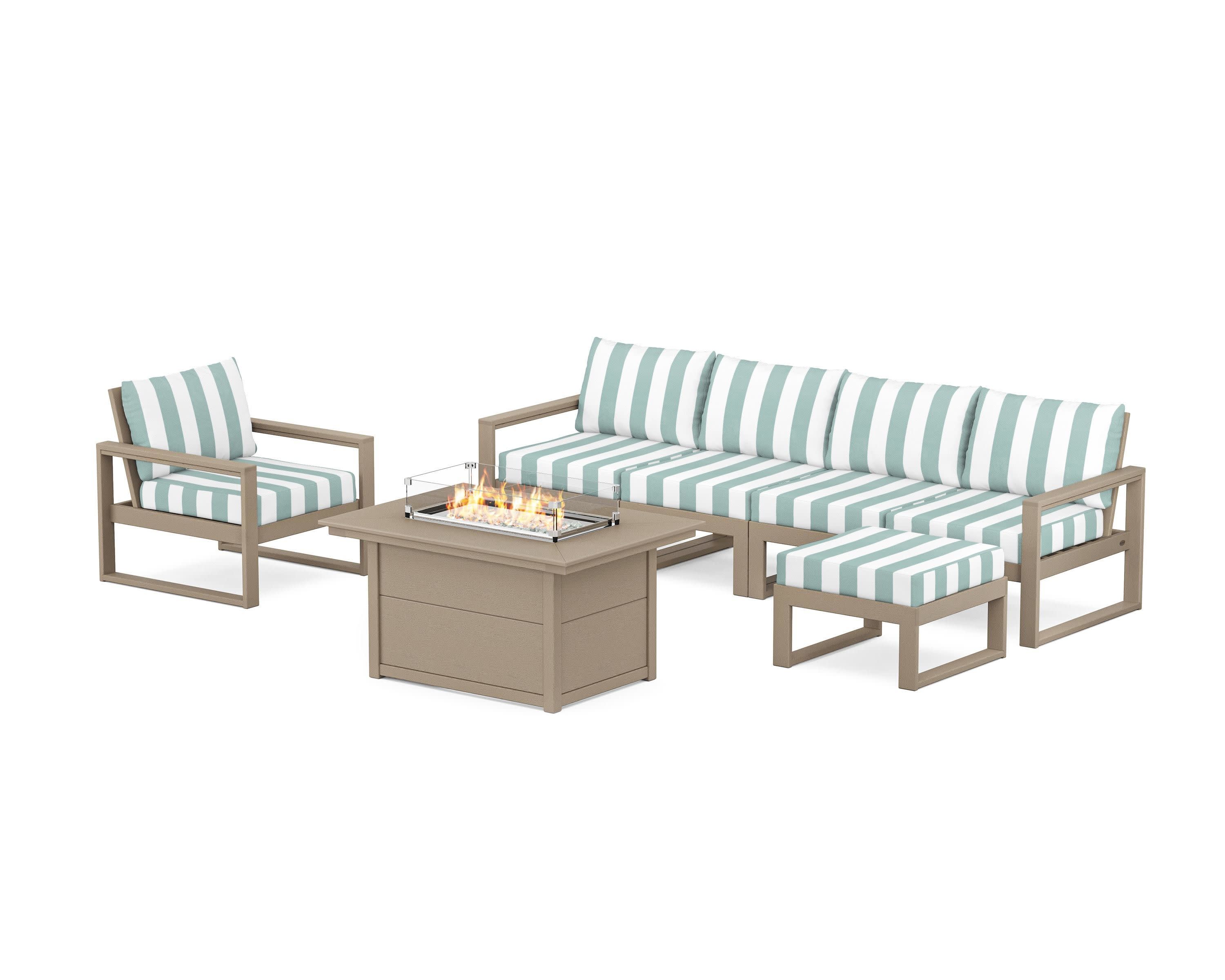 EDGE Sectional Lounge and Fire Pit Set in Vintage Sahara / Cabana Stripe Glacier Spa