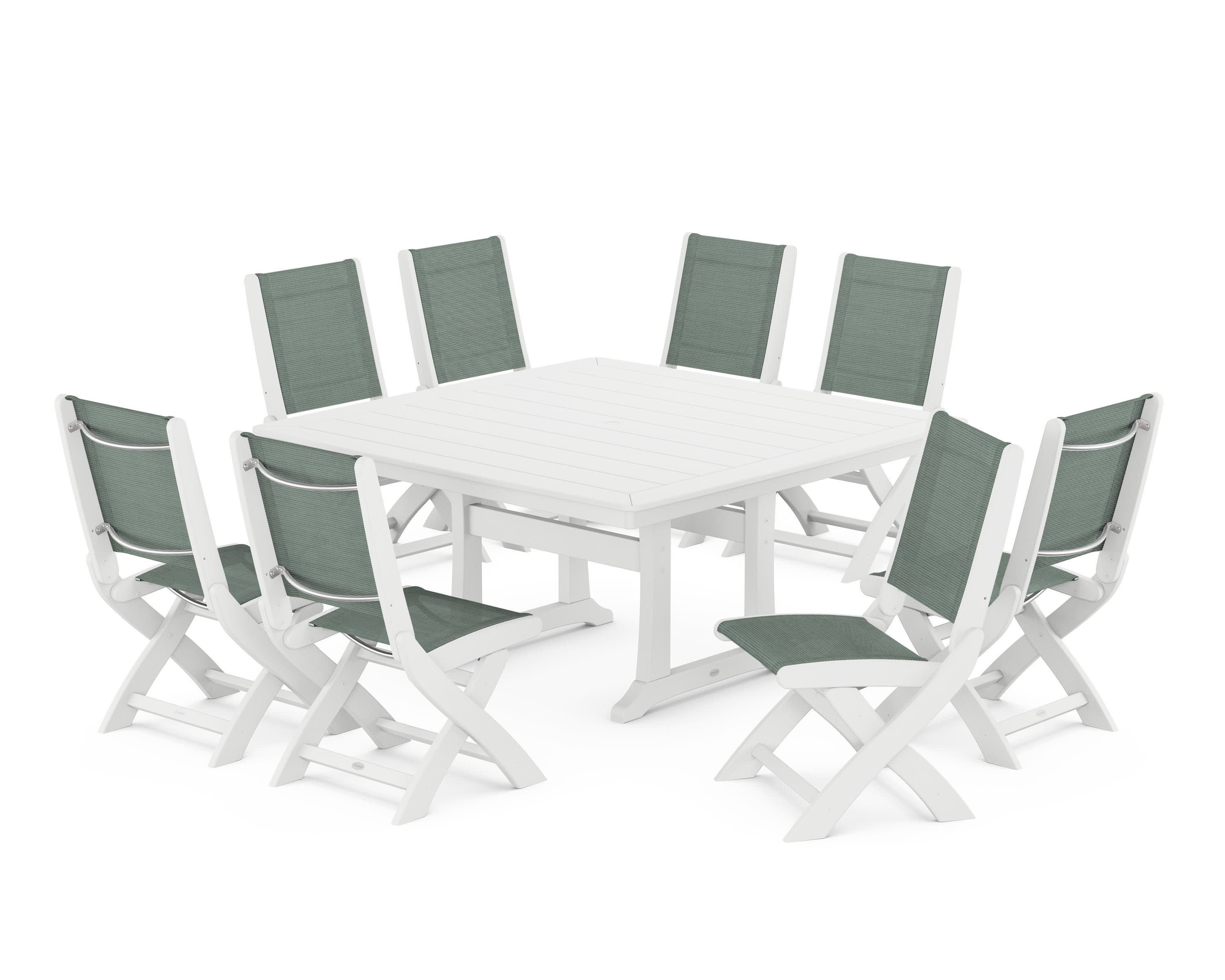 Coastal Folding Side Chair 9-Piece Dining Set with Trestle Legs in White / Dupioni Sea Mist Sling
