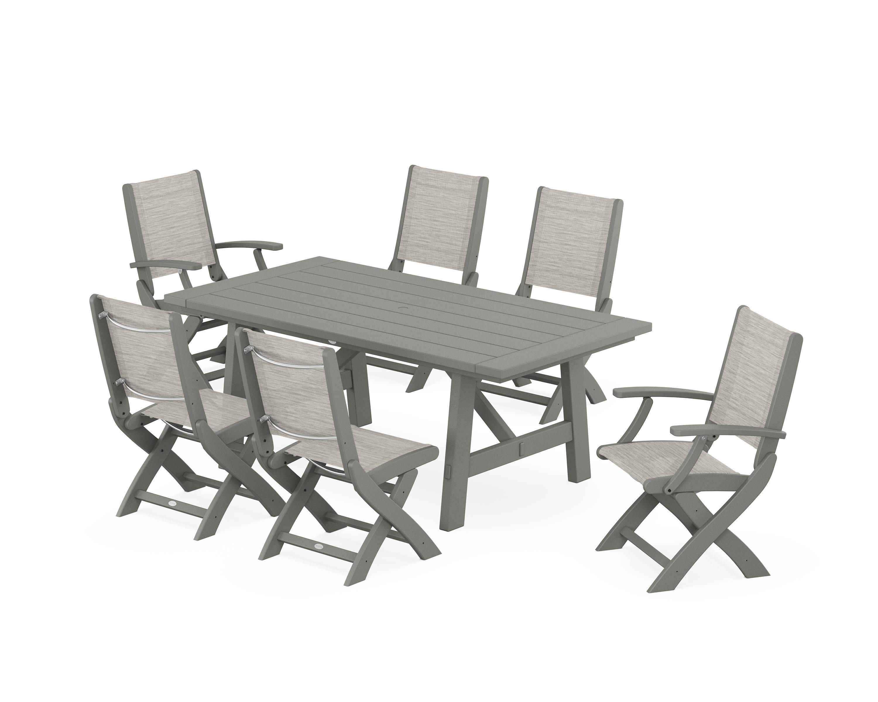Coastal Folding Chair 7-Piece Rustic Farmhouse Dining Set in Slate Grey / Birch Sling