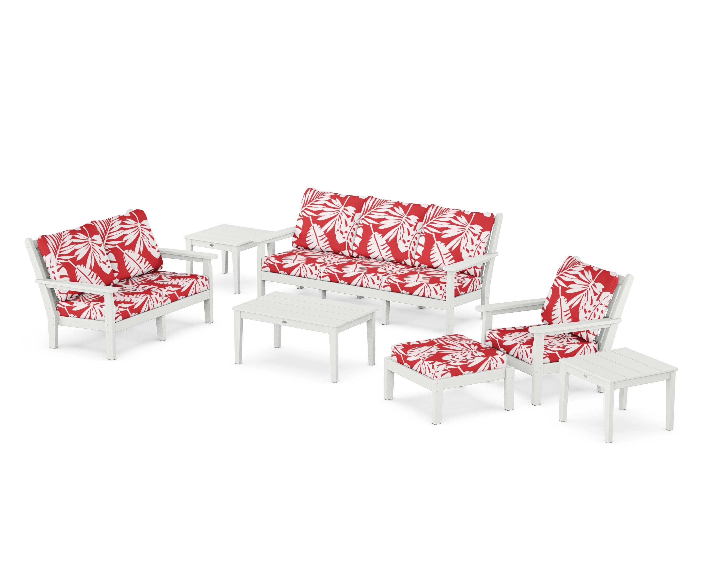 Chippendale 7-Piece Deep Seating Set in White / Leaf Crimson