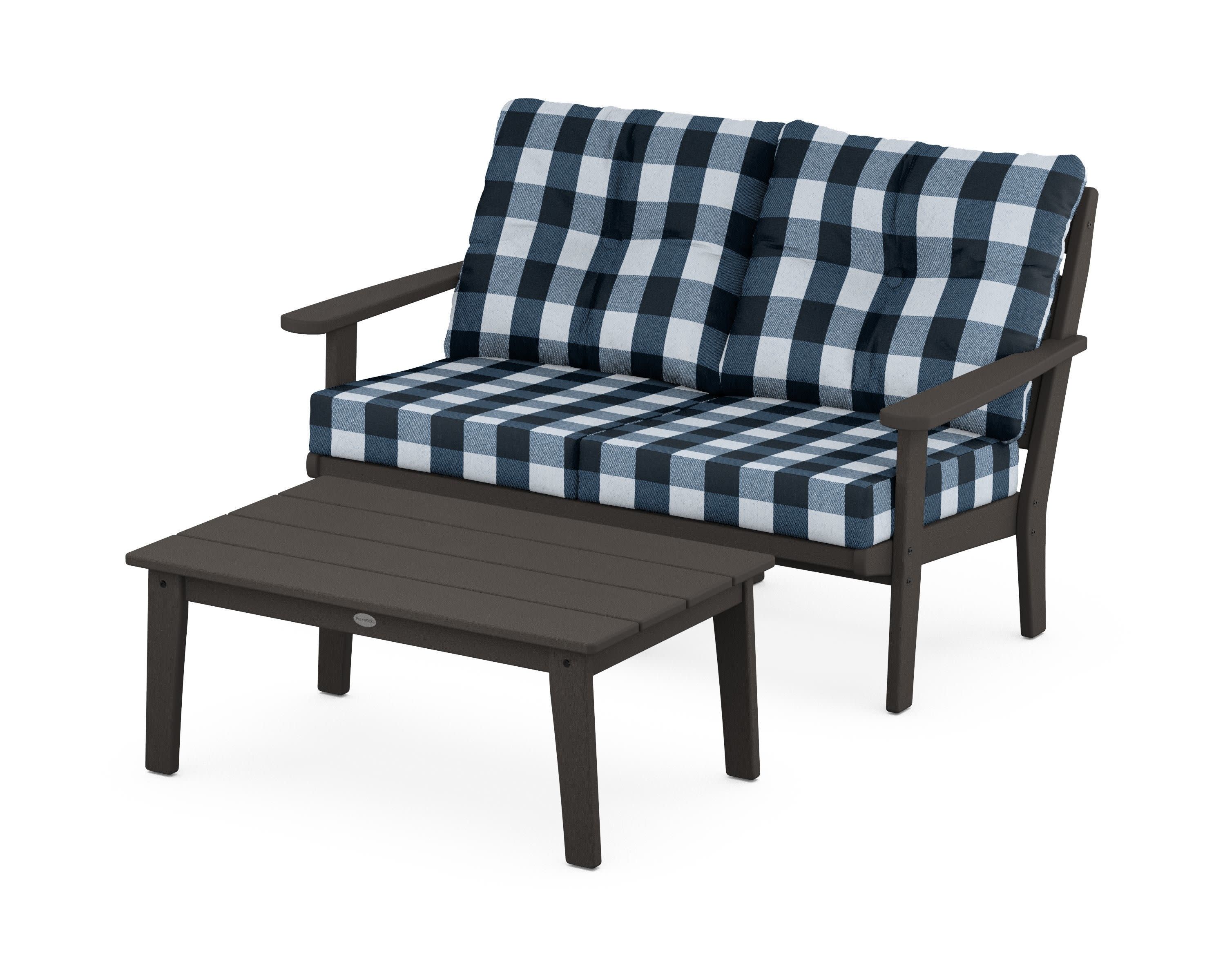 Lakeside 2-Piece Lounge Loveseat Set in Vintage Coffee / Buffalo Plaid Marine Indigo