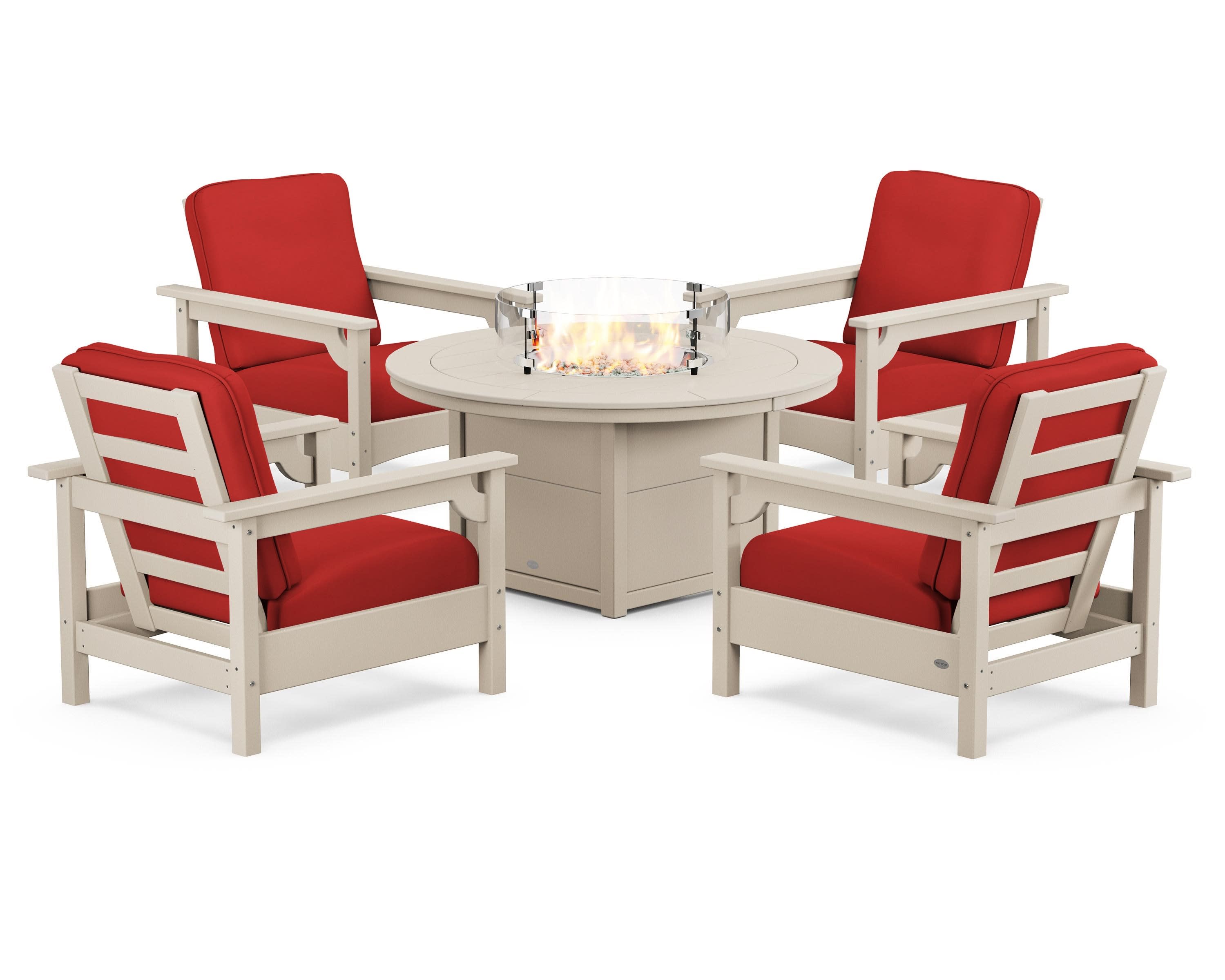 Club 5-Piece Conversation Set with Fire Pit Table in Sand / Crimson Linen