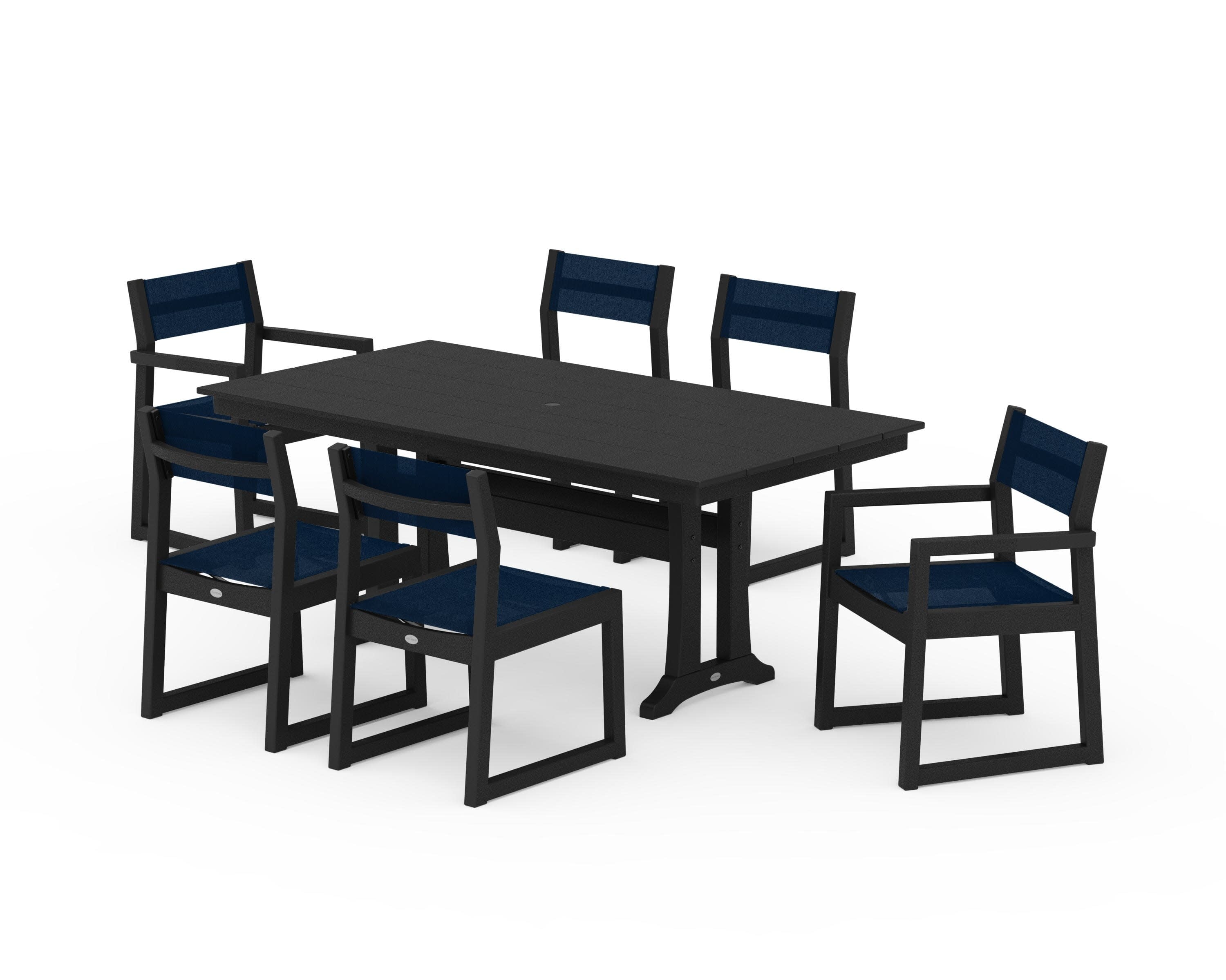 EDGE Sling 7-Piece Farmhouse Trestle Dining Set in Black / Navy Blue Sling