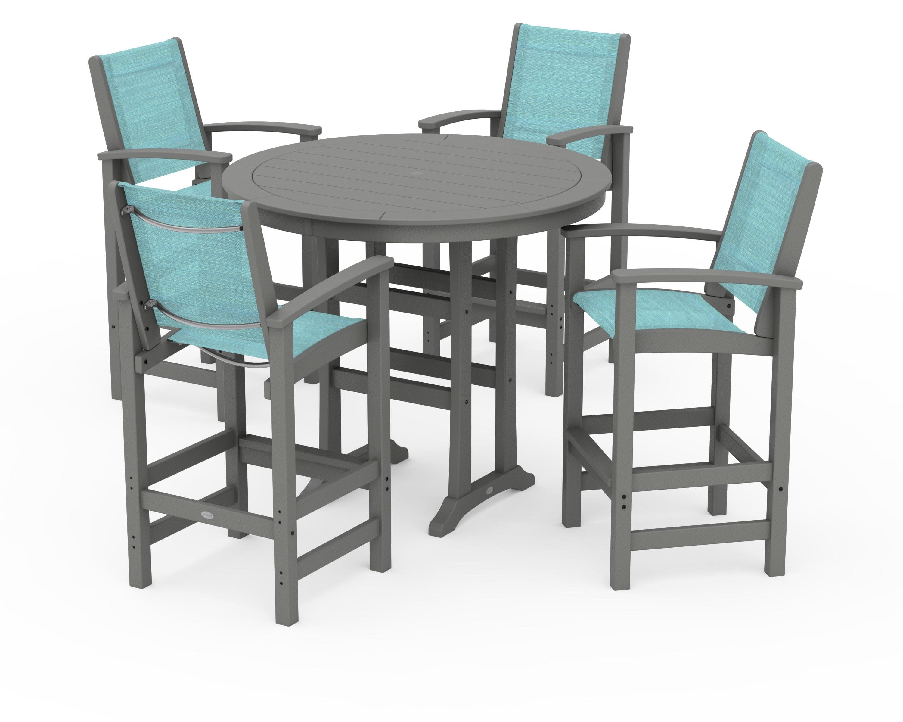 Coastal 5-Piece Nautical Trestle Bar Set in Slate Grey / Dupioni Aquamarine Sling
