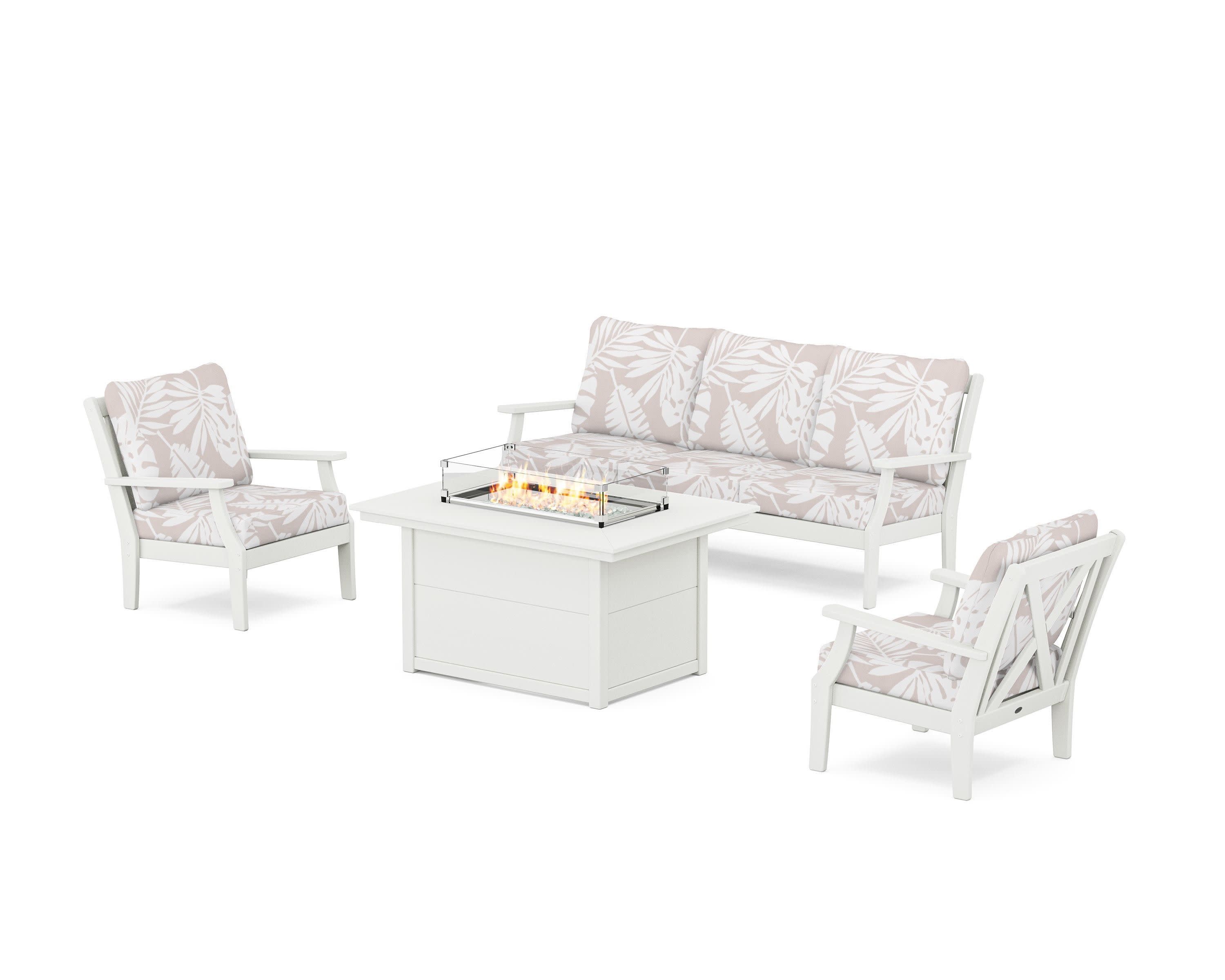 Braxton Deep Seating Fire Pit Table Set in Vintage White / Leaf Dune Burlap