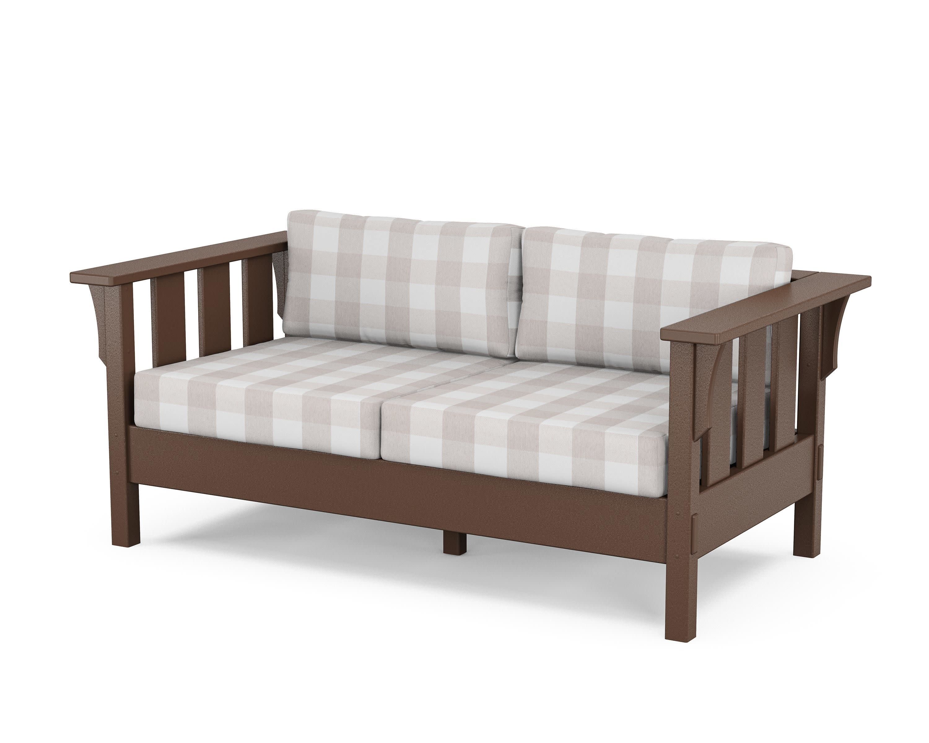 Acadia Deep Seating Loveseat in Mahogany / Buffalo Plaid Dune Burlap