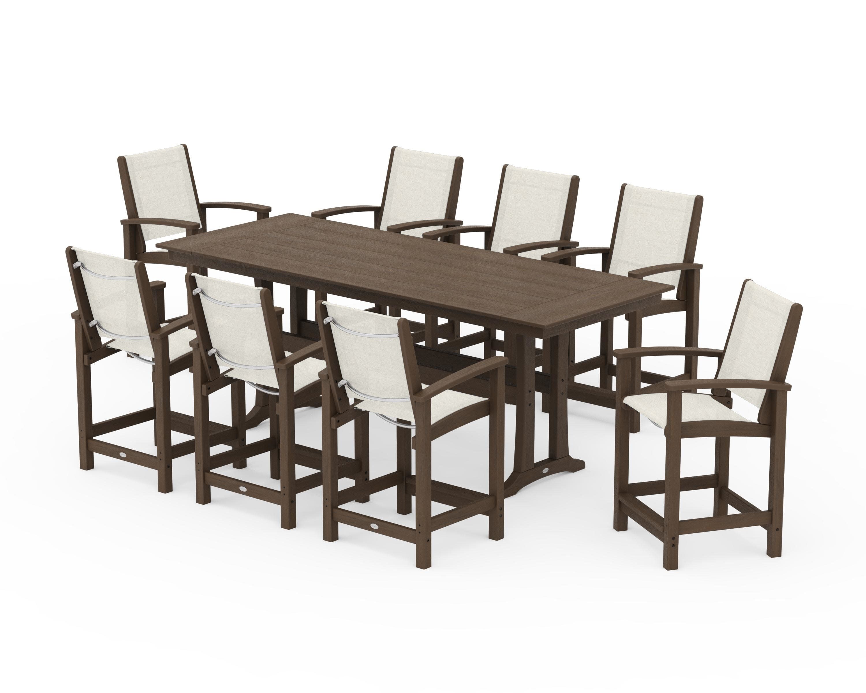 Coastal 9-Piece Farmhouse Counter Set with Trestle Legs in Kona / Parchment Sling