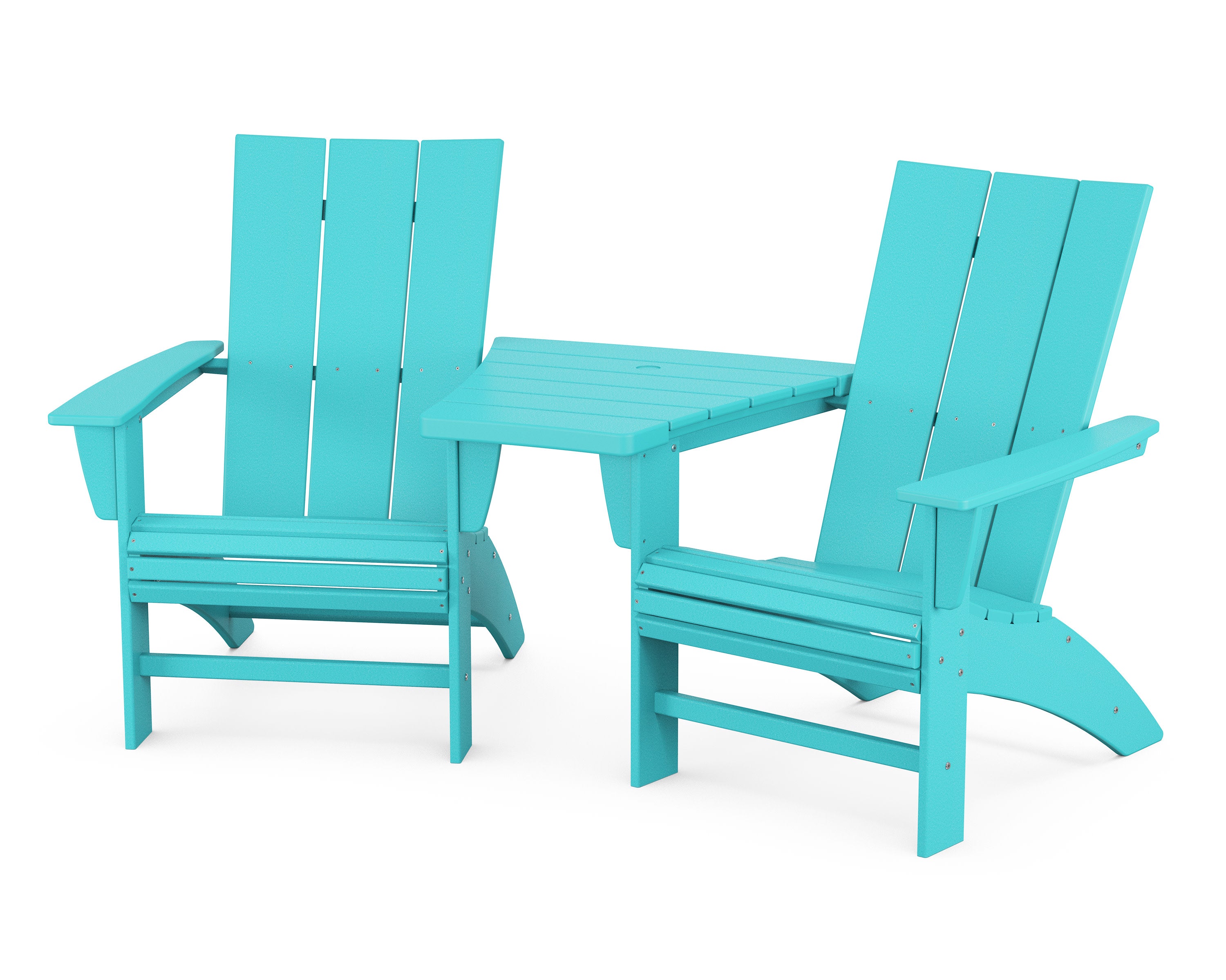 Modern 3-Piece Curveback Adirondack Set with Angled Connecting Table in Aruba