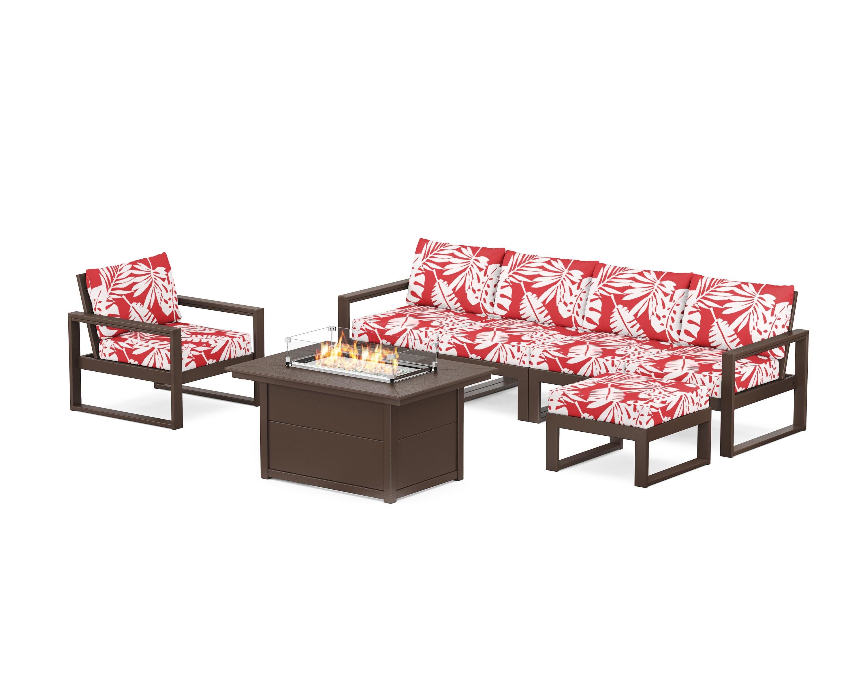 EDGE Sectional Lounge and Fire Pit Set in Mahogany / Leaf Crimson