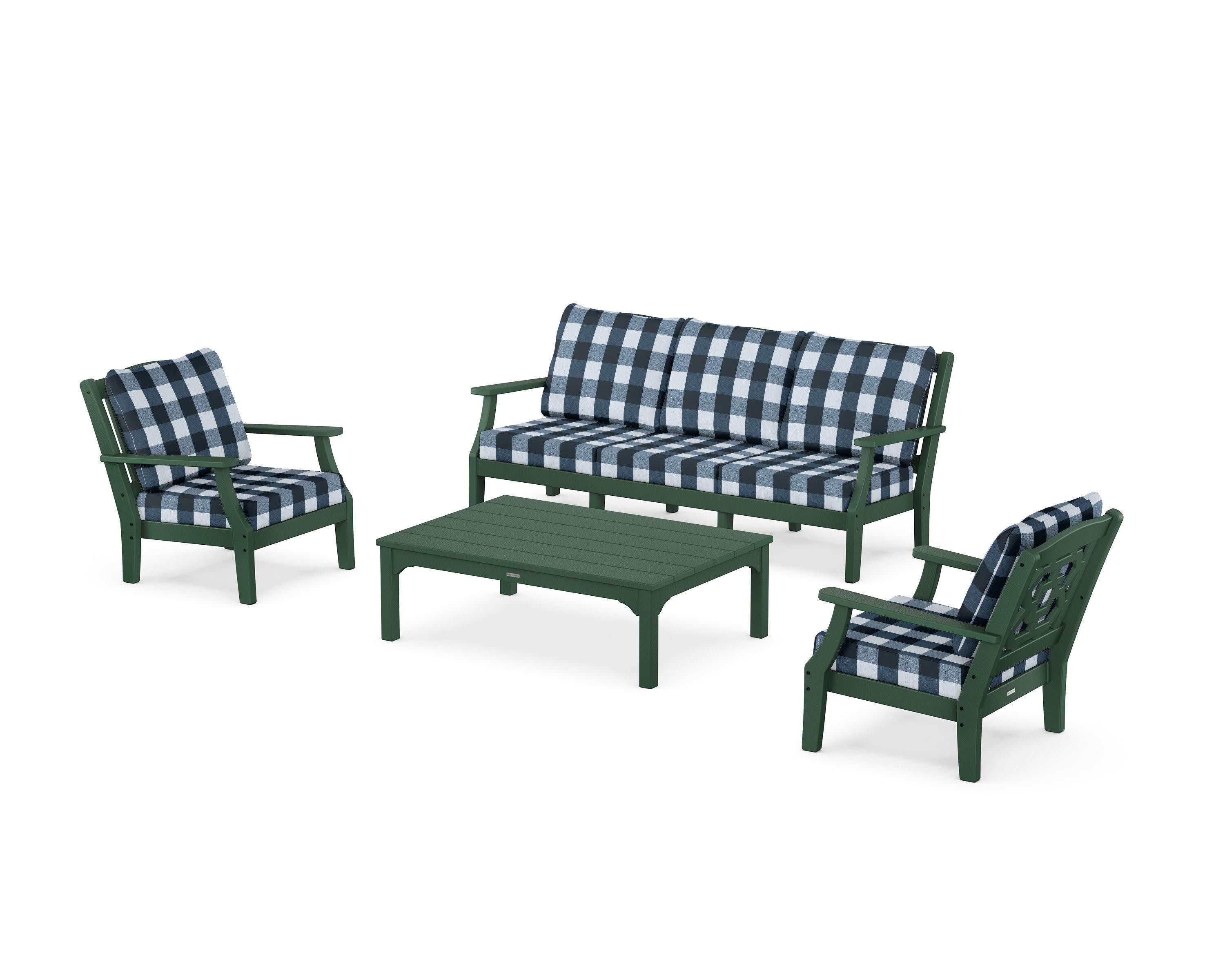 Chinoiserie 4-Piece Deep Seating Set with Sofa in Green / Buffalo Plaid Marine Indigo