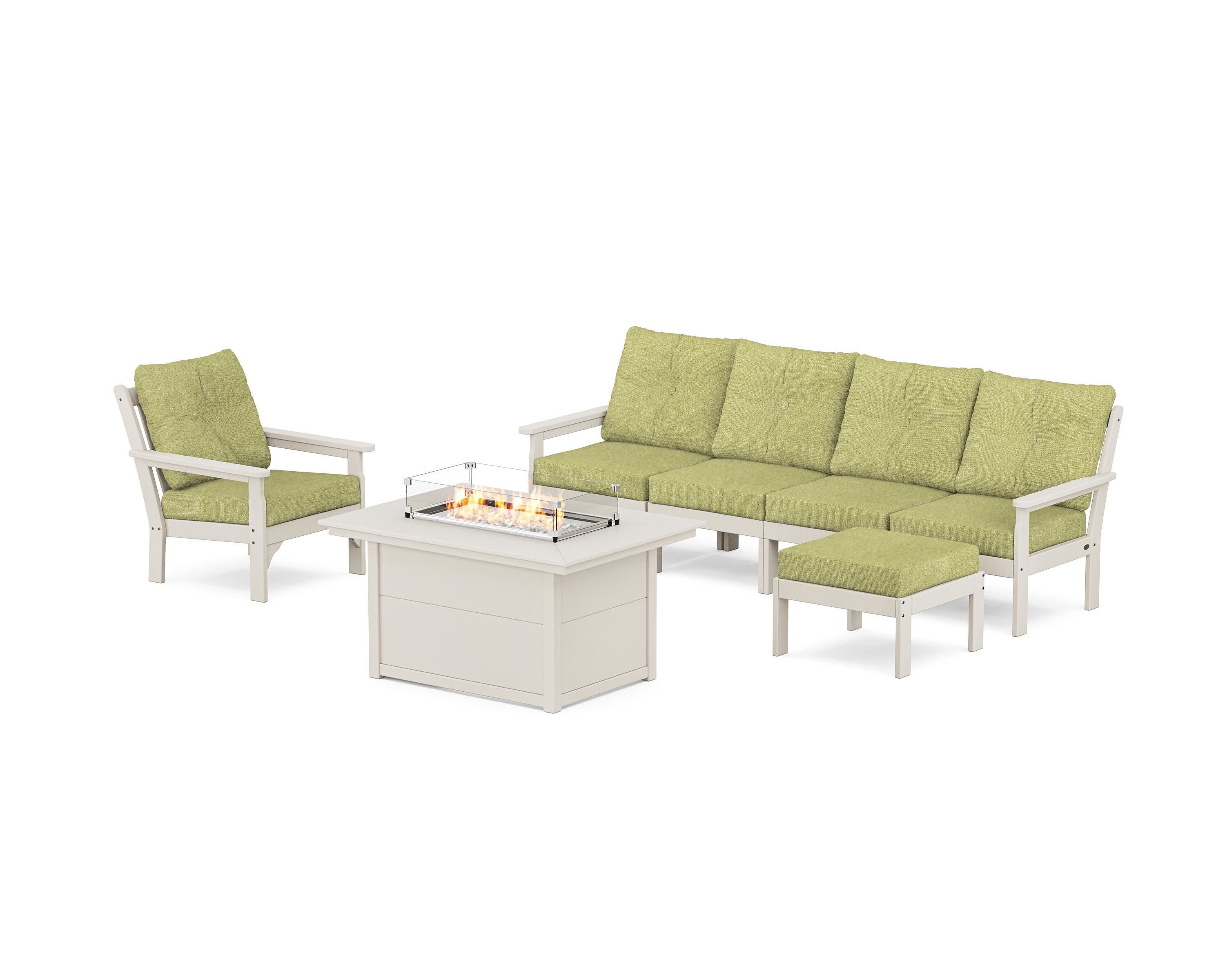 Vineyard Sectional Lounge and Fire Pit Set in Sand / Chartreuse Boucle