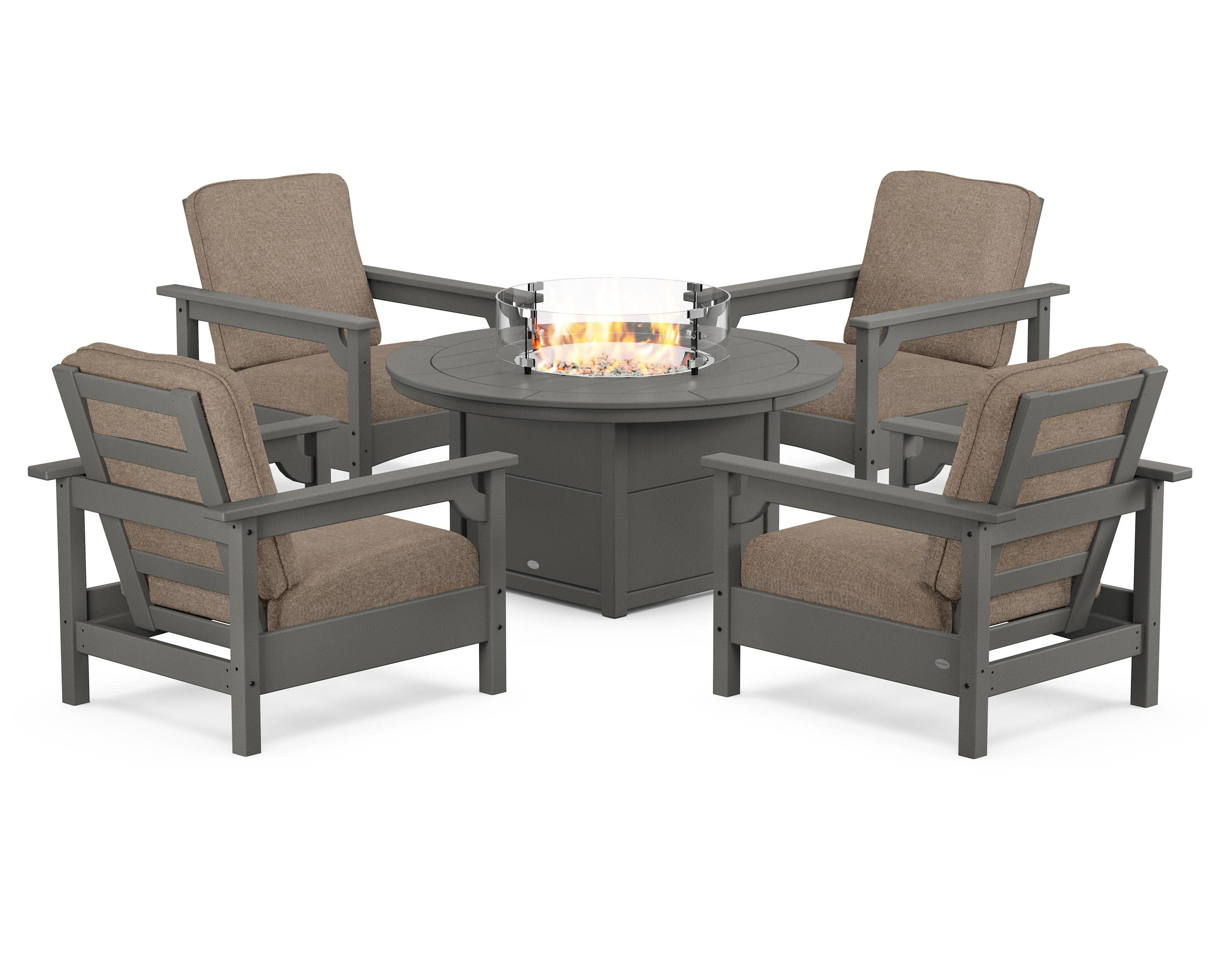 Club 5-Piece Conversation Set with Fire Pit Table in Slate Grey / Spiced Burlap