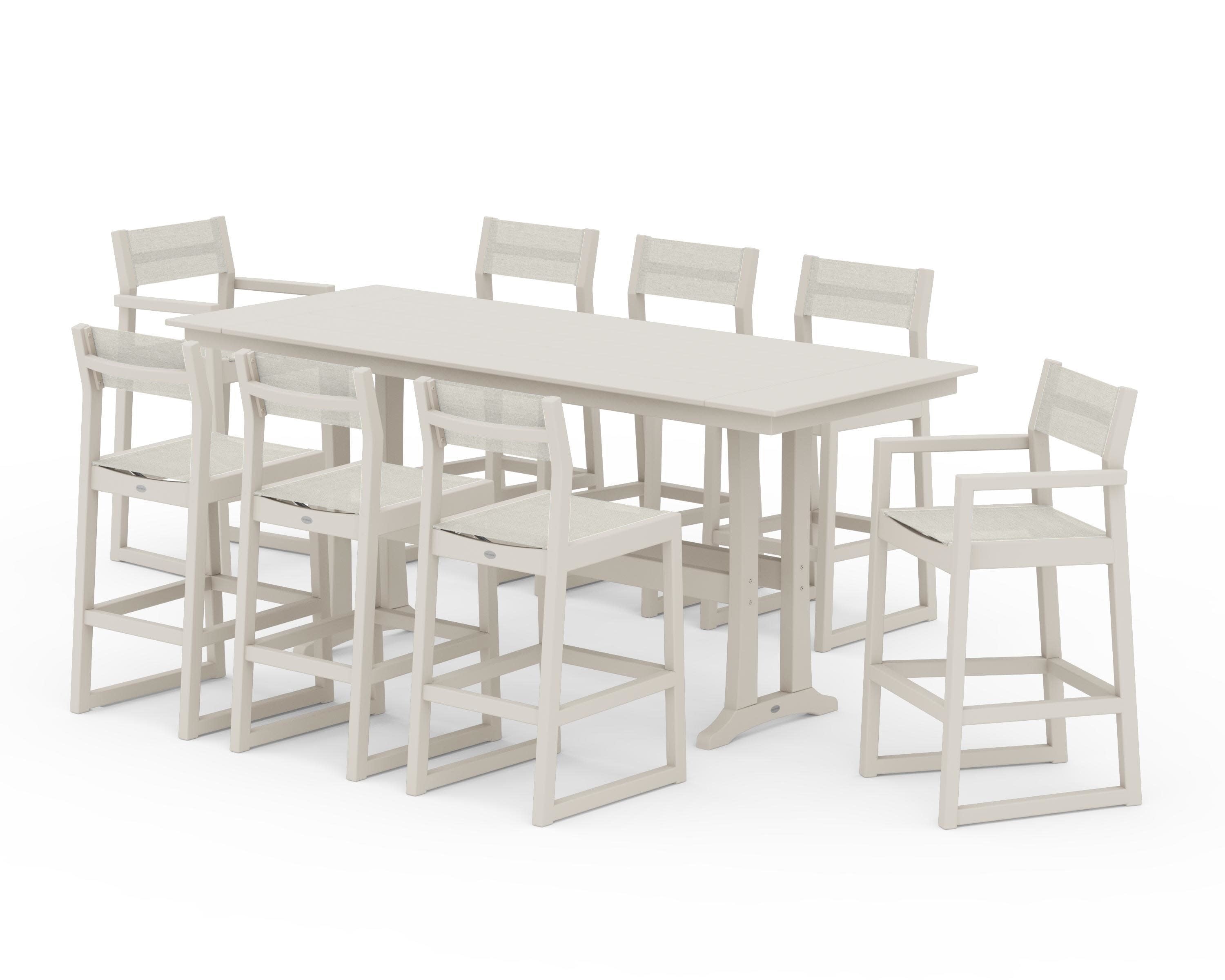 EDGE Sling 9-Piece Farmhouse Bar Set with Trestle Legs in Sand / Parchment Sling
