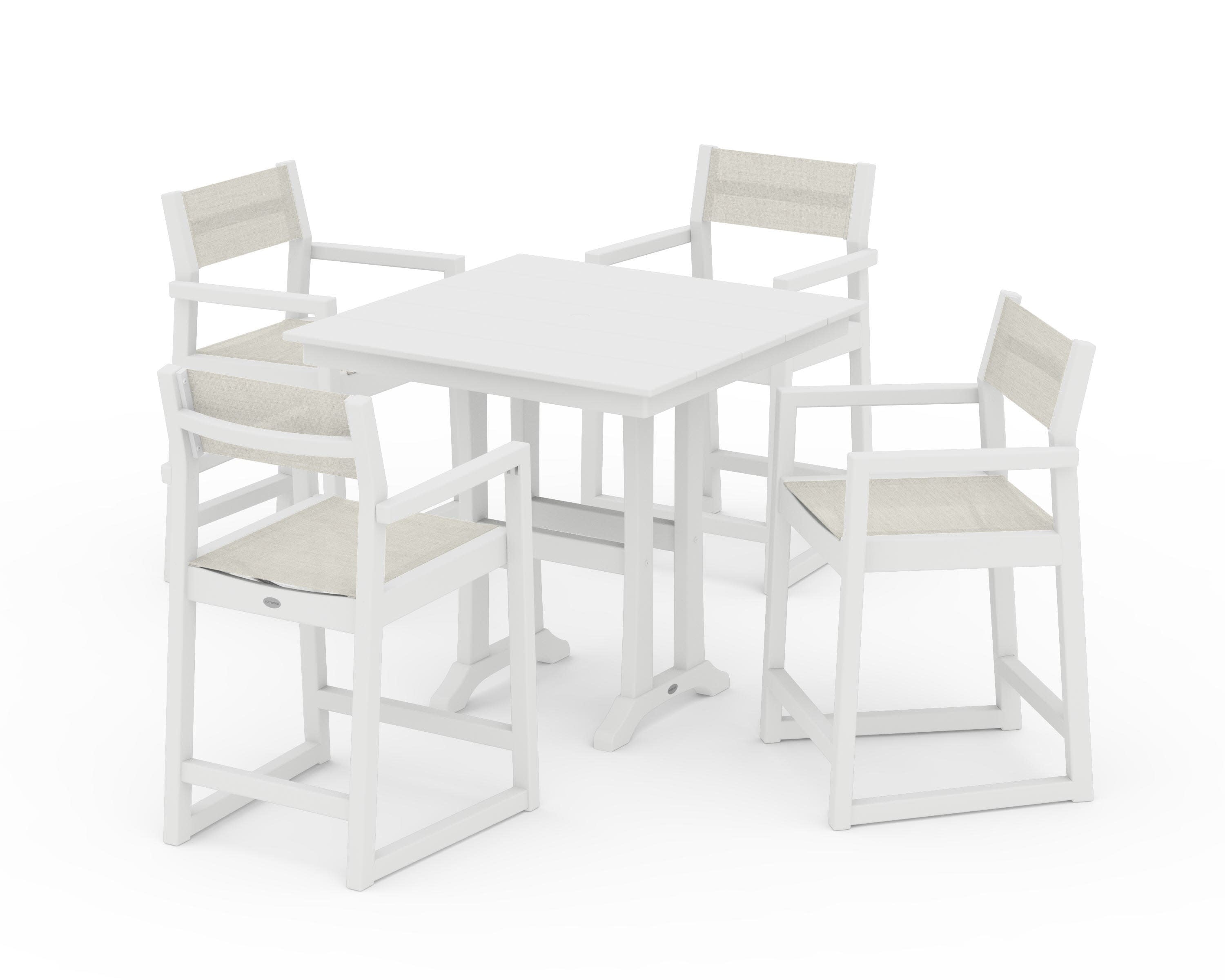 EDGE Sling Arm Chair 5-Piece Farmhouse Counter Set with Trestle Legs in White / Parchment Sling