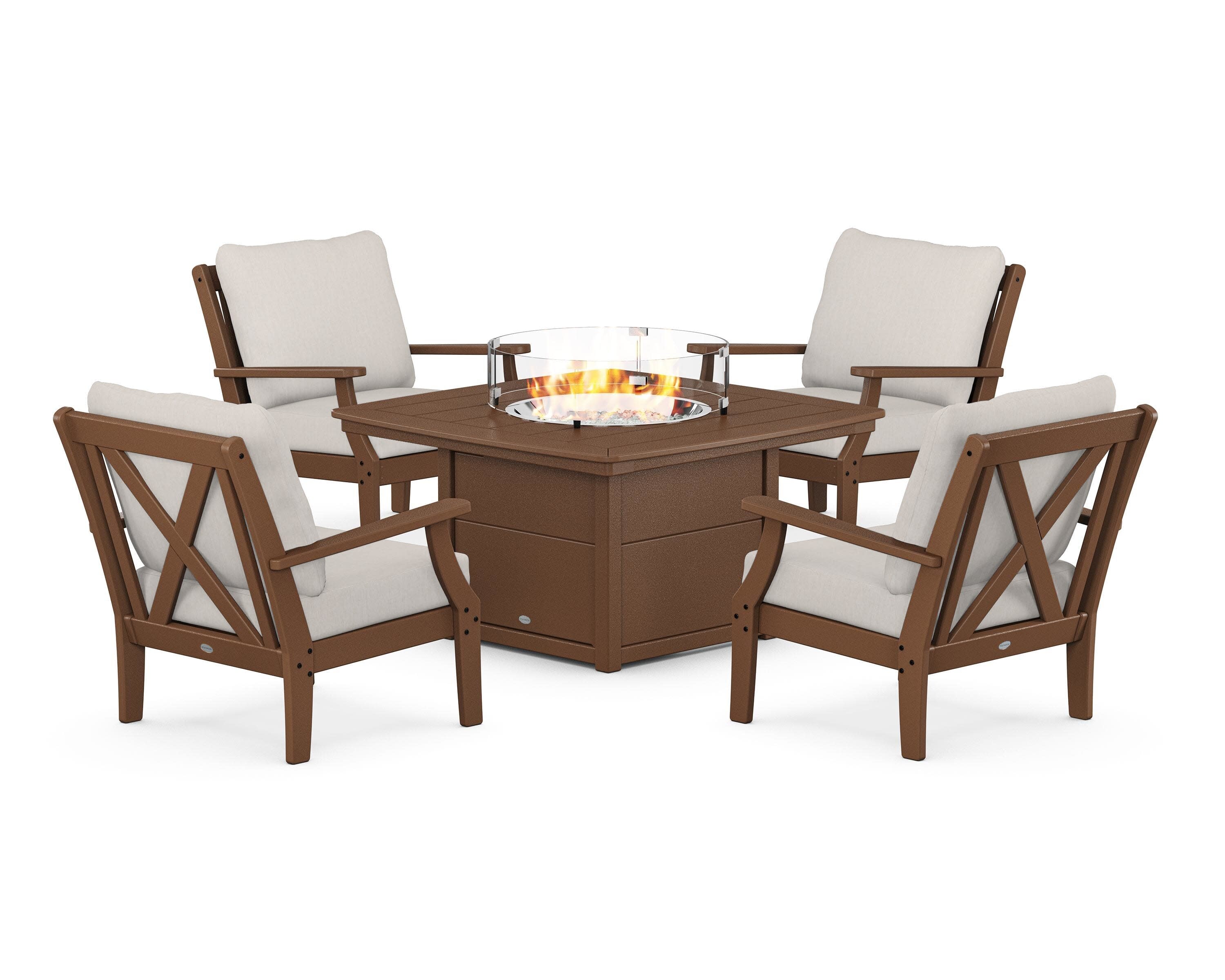 Braxton 5-Piece Deep Seating Conversation Set with Fire Pit Table in Teak / Cast Ash