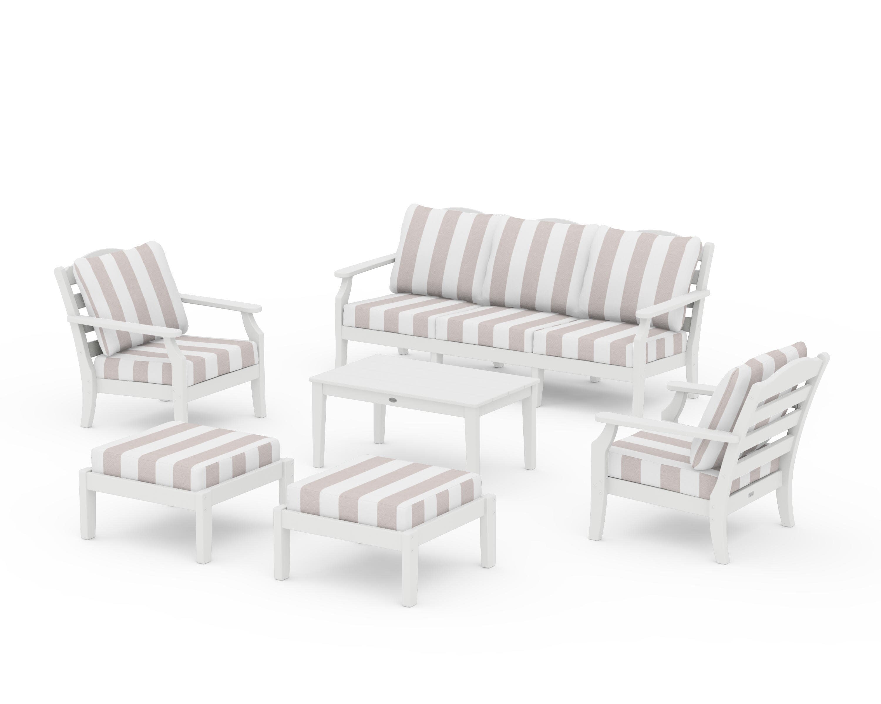 Savannah 6-Piece Lounge Sofa Set in White / Cabana Stripe Dune Burlap