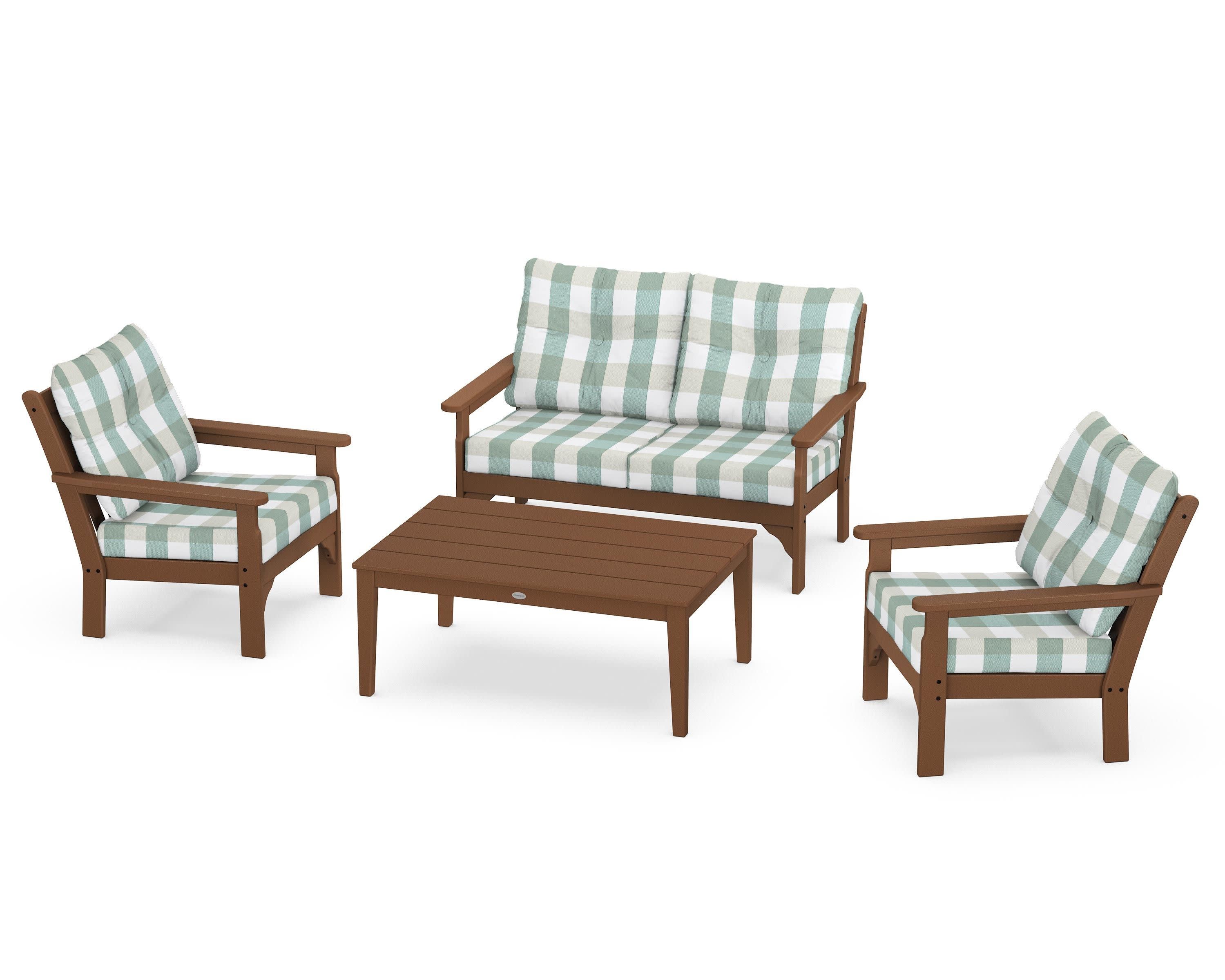 Vineyard 4-Piece Deep Seating Set in Teak / Buffalo Plaid Glacier Spa