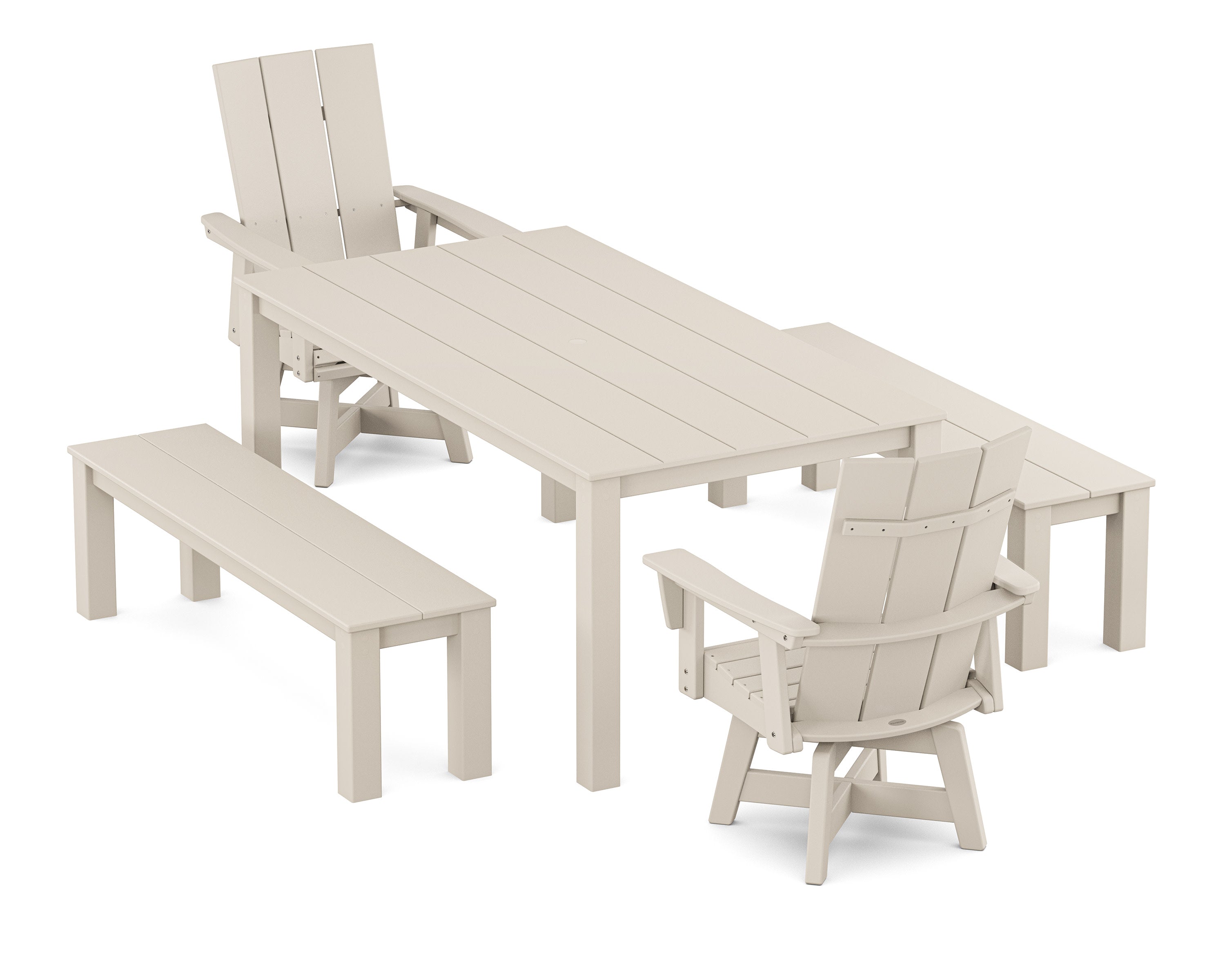 Modern Curveback Adirondack 5-Piece Parsons Swivel Dining Set with Benches in Sand