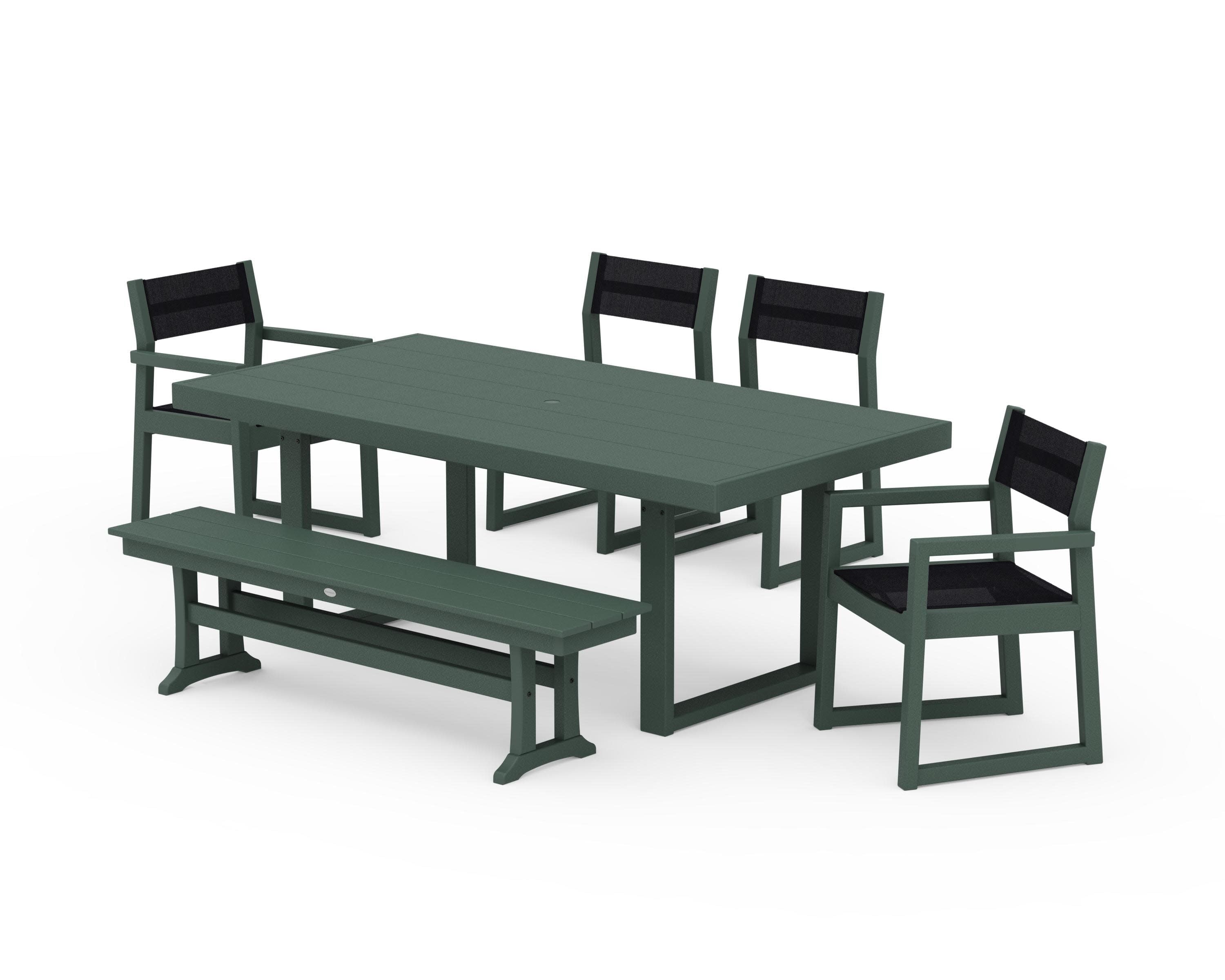 EDGE Sling 6-Piece Dining Set with Bench in Green / Black Sling