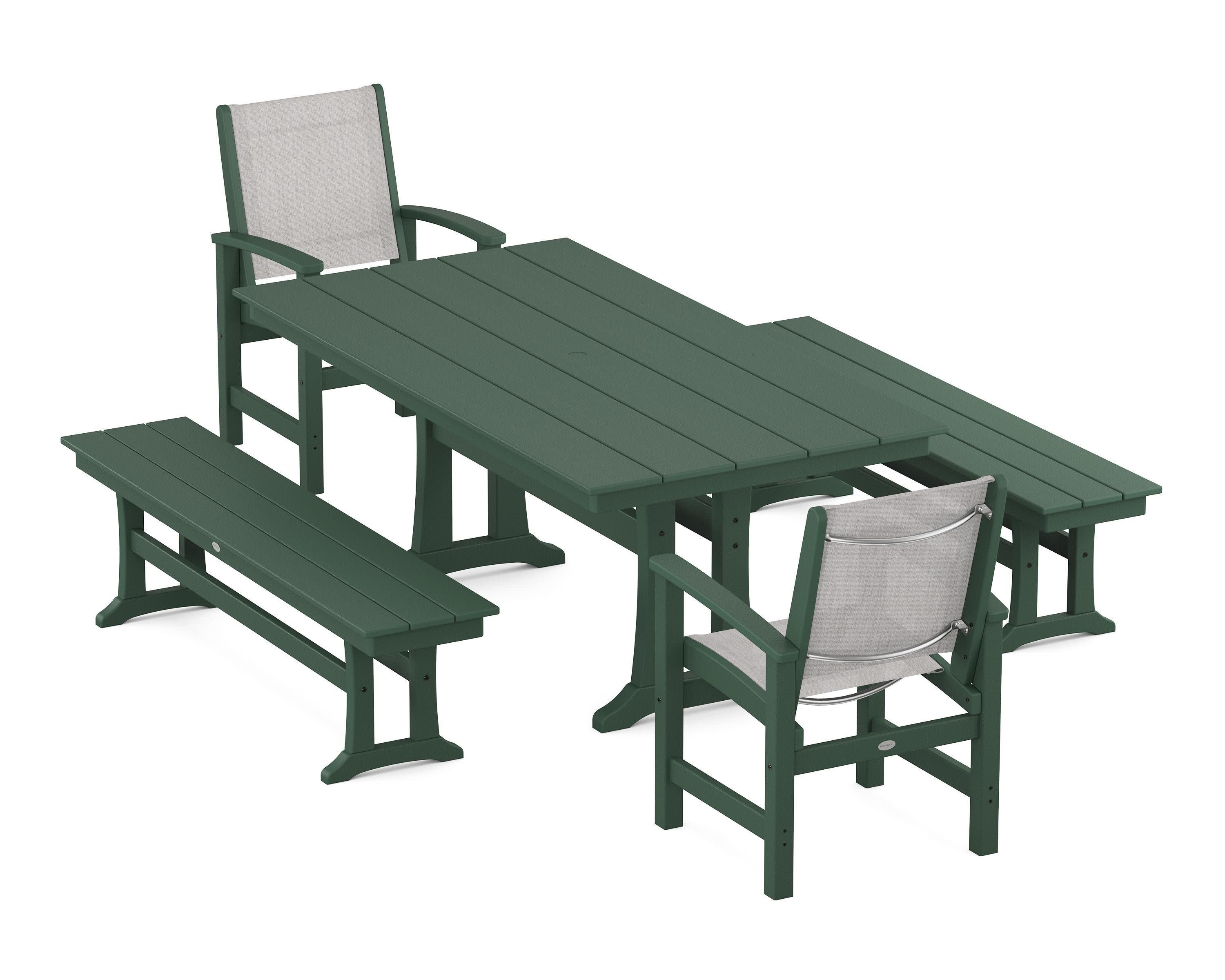 Coastal 5-Piece Farmhouse Dining Set with Trestle Legs and Benches in Green / Parchment Sling
