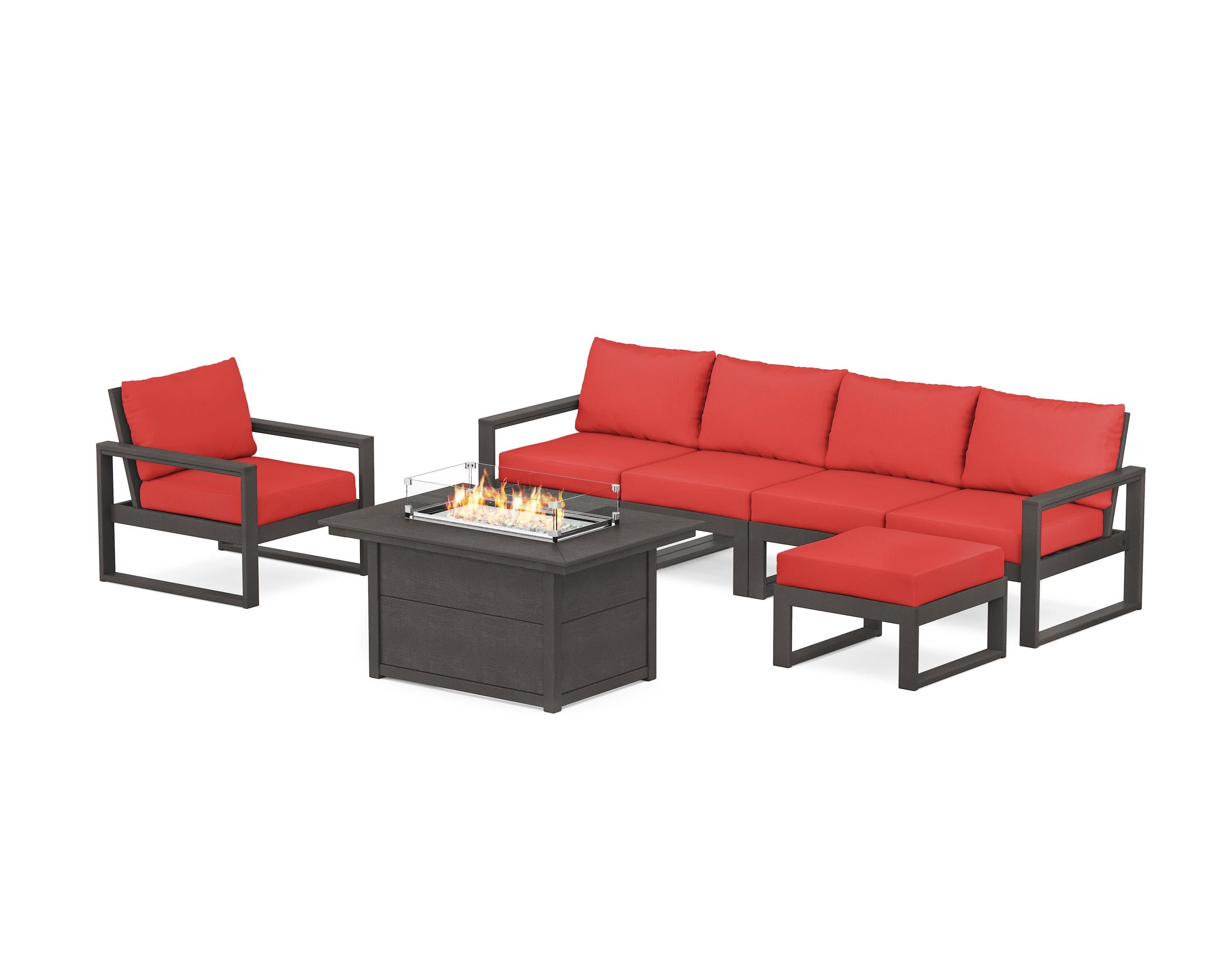 EDGE Sectional Lounge and Fire Pit Set in Vintage Coffee / Crimson Linen