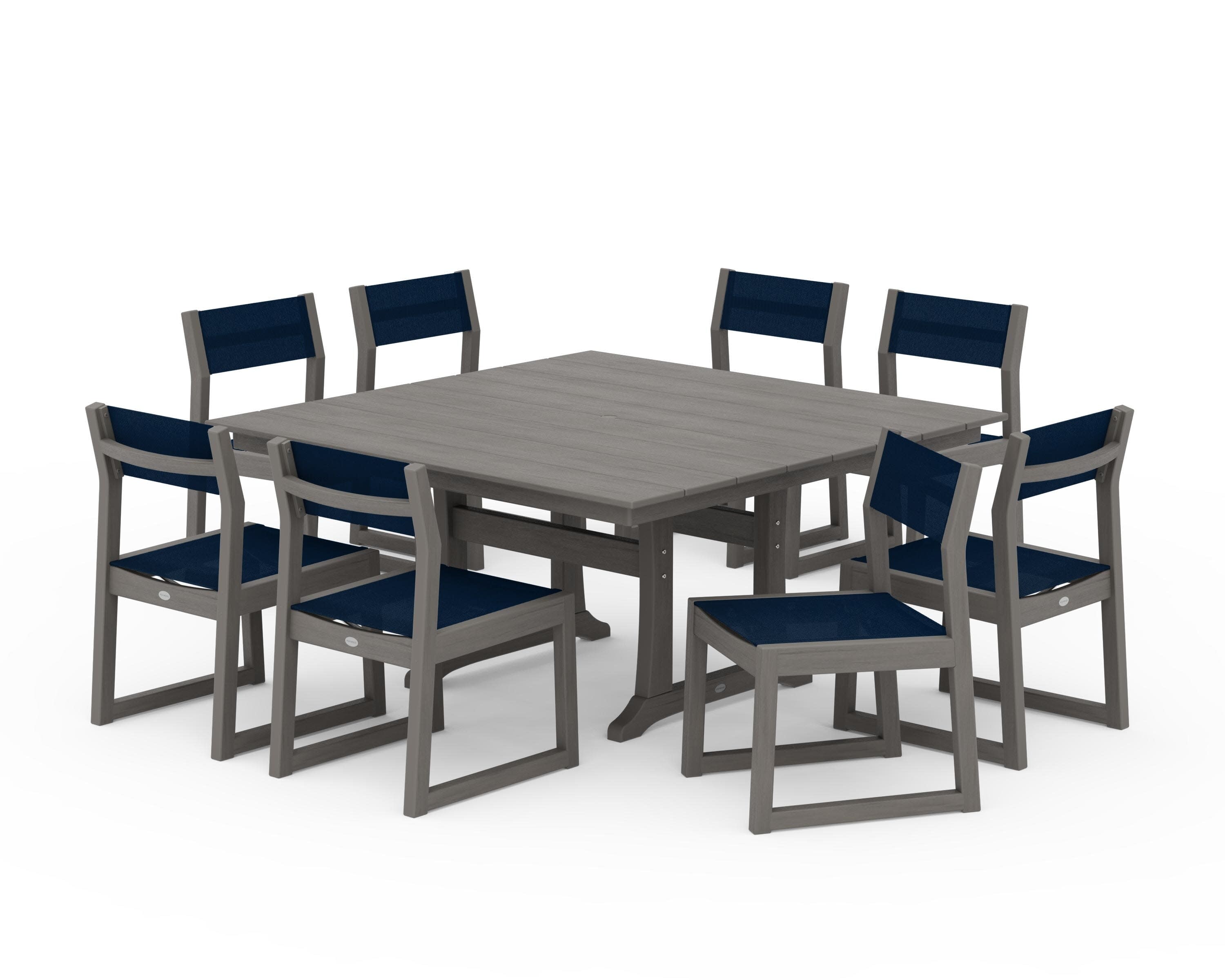 EDGE Sling Side Chair 9-Piece Farmhouse Trestle Dining Set in Driftwood / Navy Blue Sling