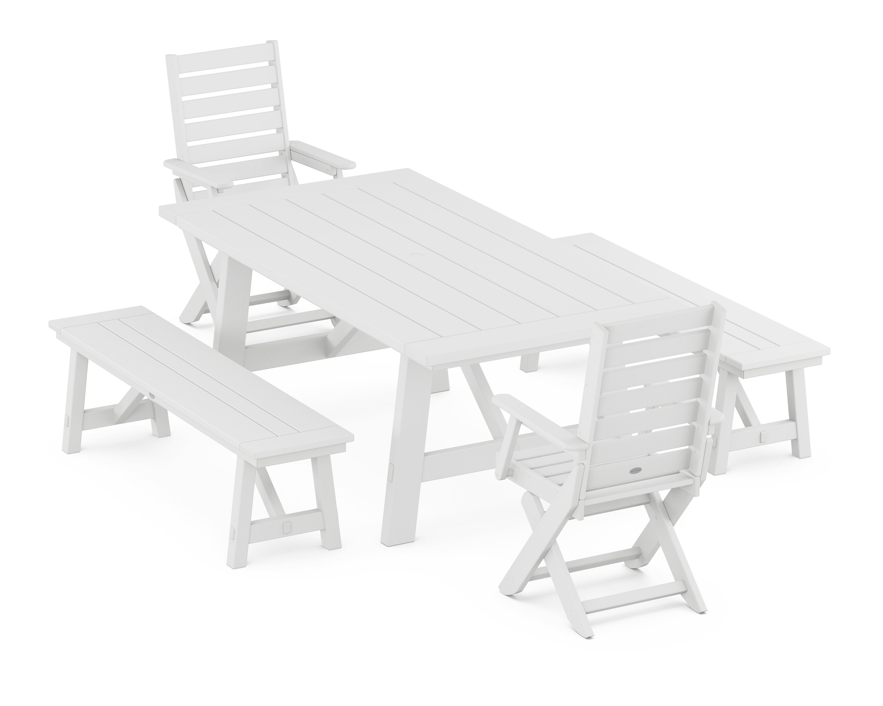 Captain Folding Chair 5-Piece Rustic Farmhouse Dining Set With Benches in White