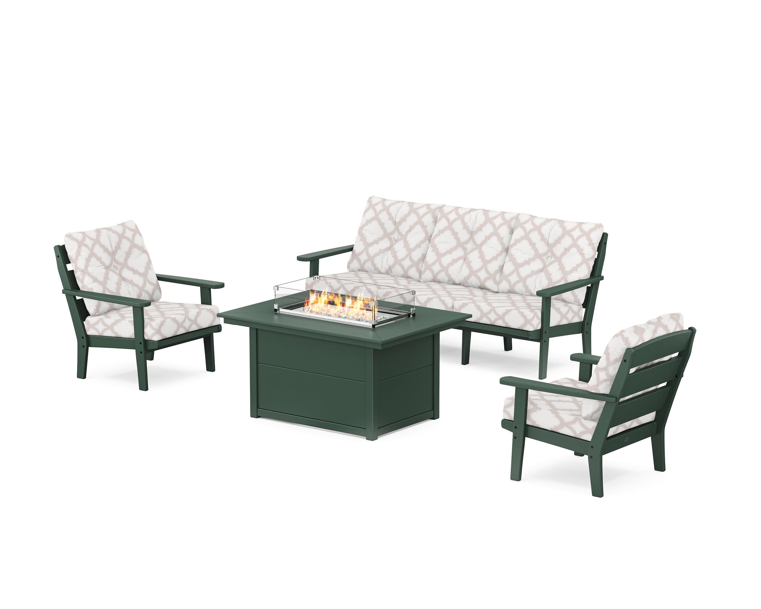 Lakeside Deep Seating Fire Pit Table Set in Green / Trellis Dune Burlap