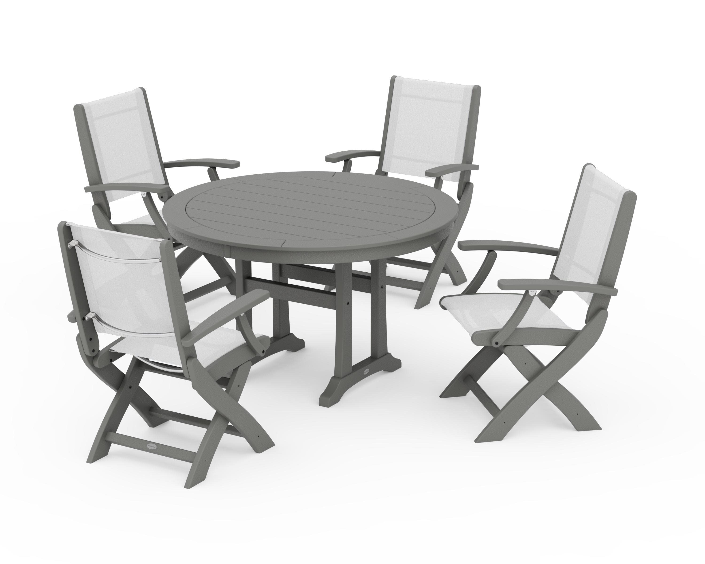 Coastal Folding Chair 5-Piece Round Dining Set with Trestle Legs in Slate Grey / White Sling