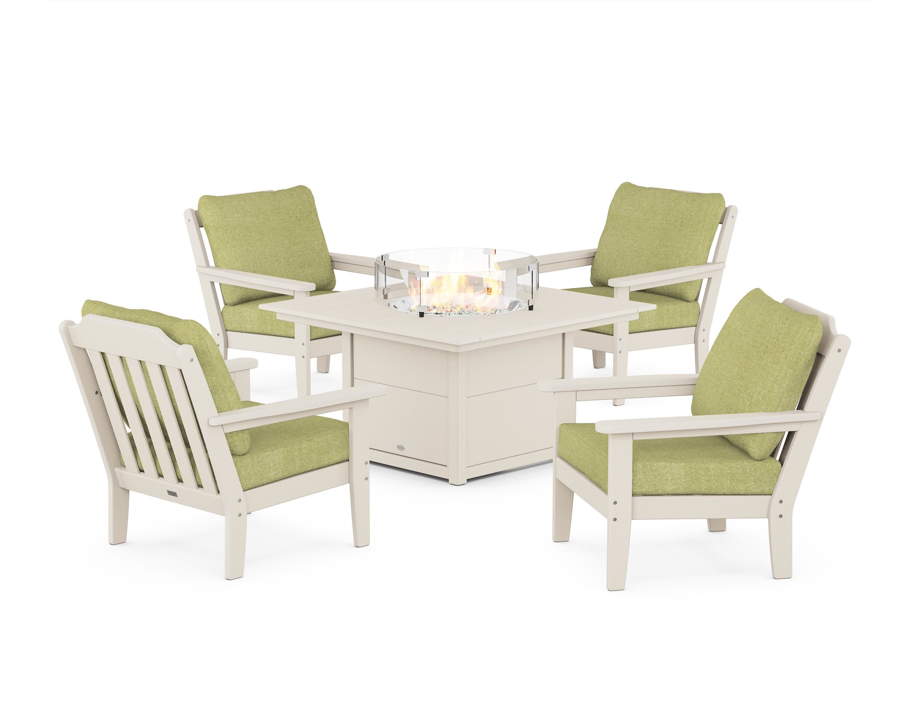 Cottage 5-Piece Deep Seating Set with Fire Pit Table in Sand / Chartreuse Boucle