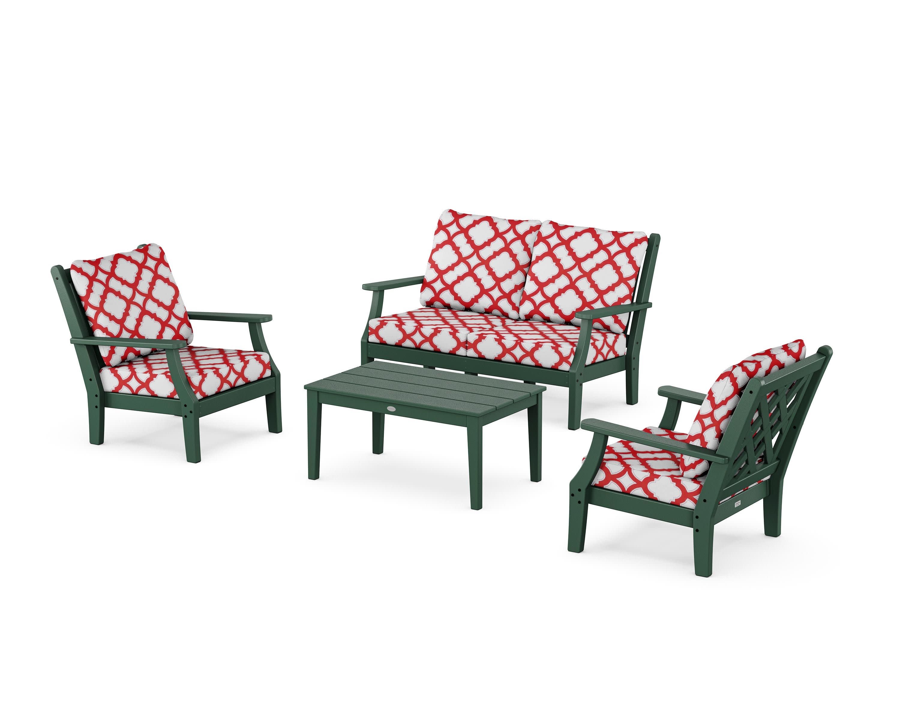 Wovendale 4-Piece Deep Seating Set with Loveseat in Green / Trellis Crimson