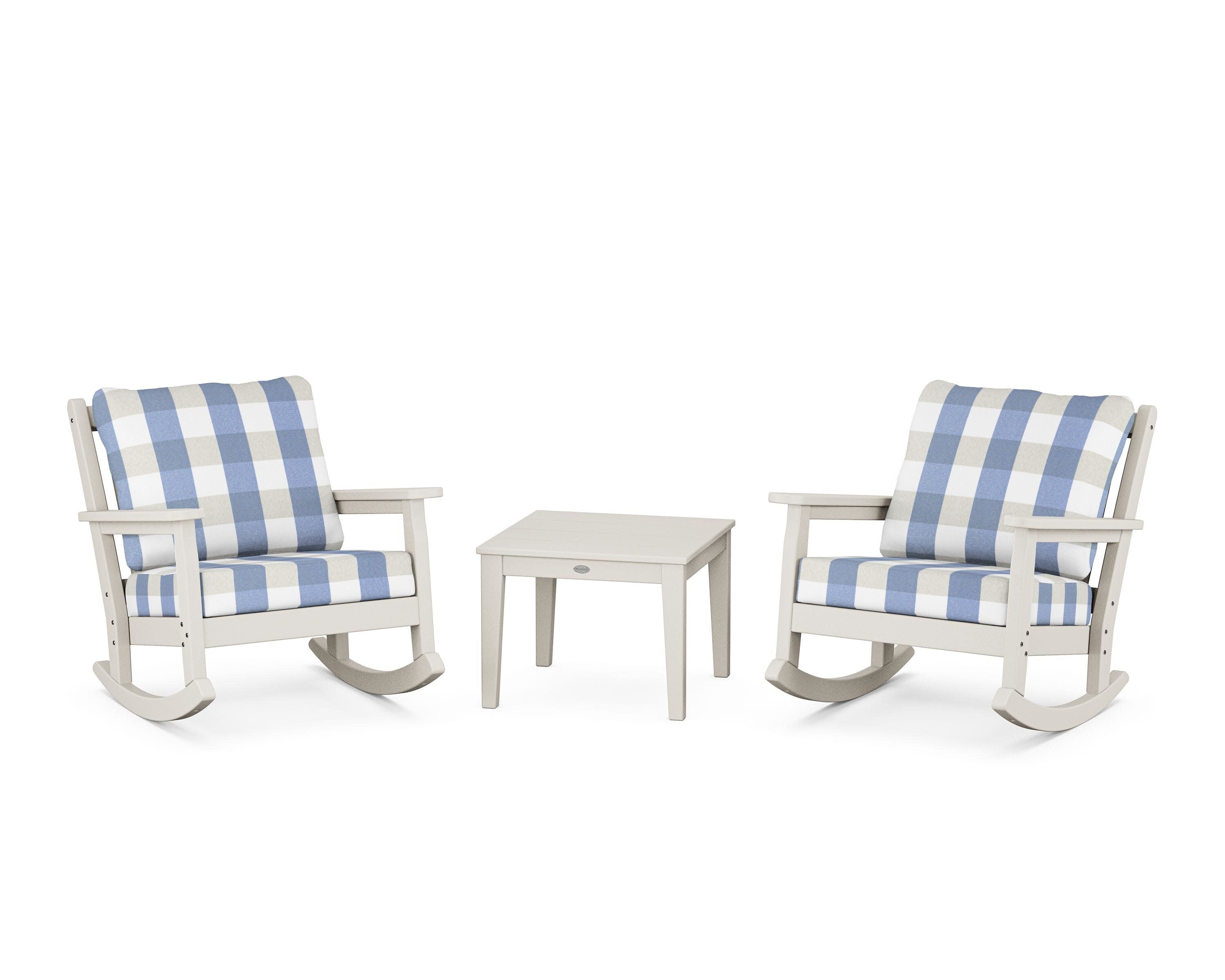 Chippendale 3-Piece Deep Seating Rocker Set in Sand / Buffalo Plaid Sky Blue