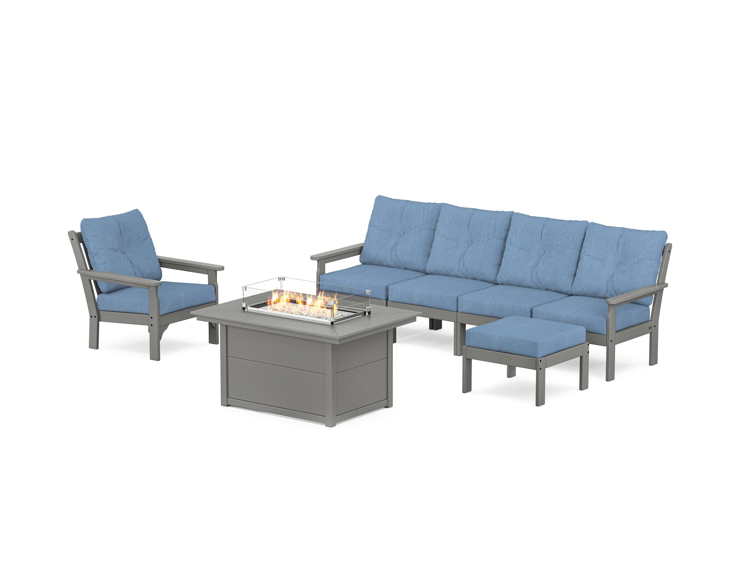 Vineyard Sectional Lounge and Fire Pit Set in Slate Grey / Sky Blue