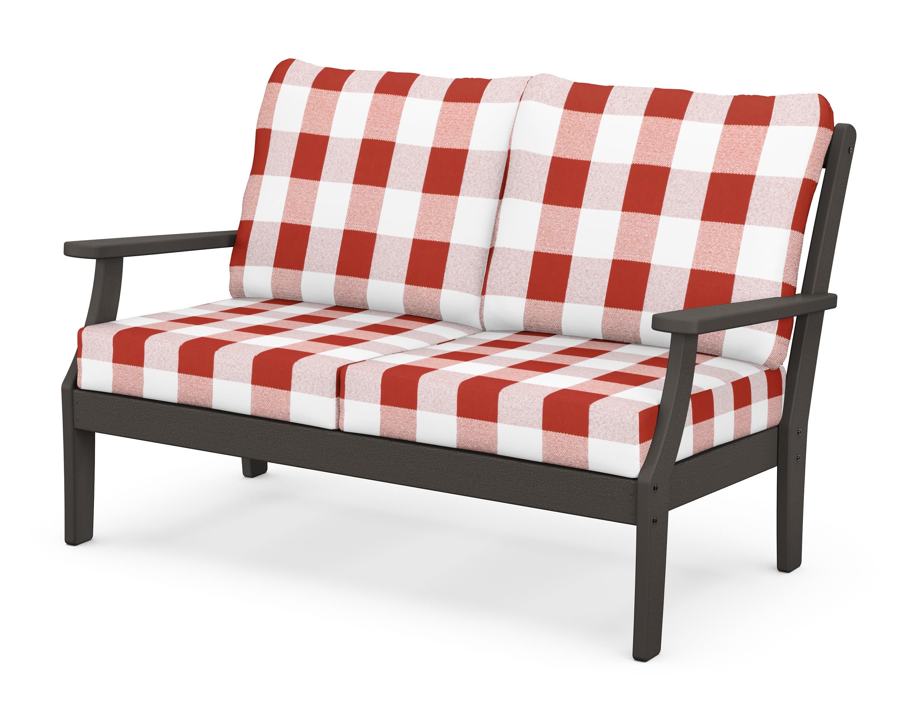 Braxton Deep Seating Loveseat in Vintage Coffee / Buffalo Plaid Crimson